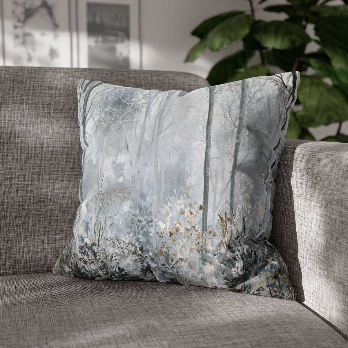 Misty Winter Forest Pillow Cover | Grey Blue Foggy Trees Pillowcase
