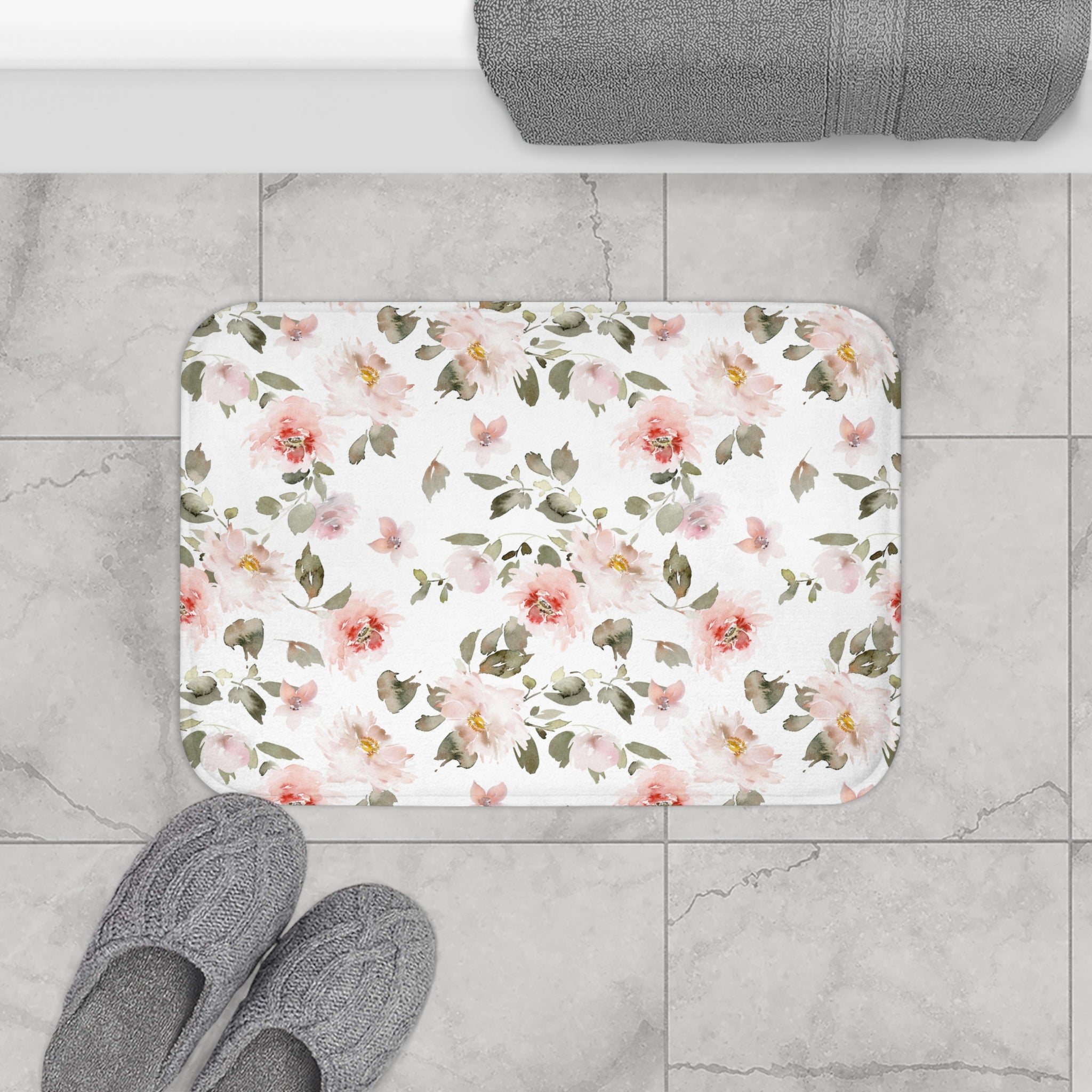 Floral Bath Mat | Botanical Blush Pink Roses Kitchen Mat