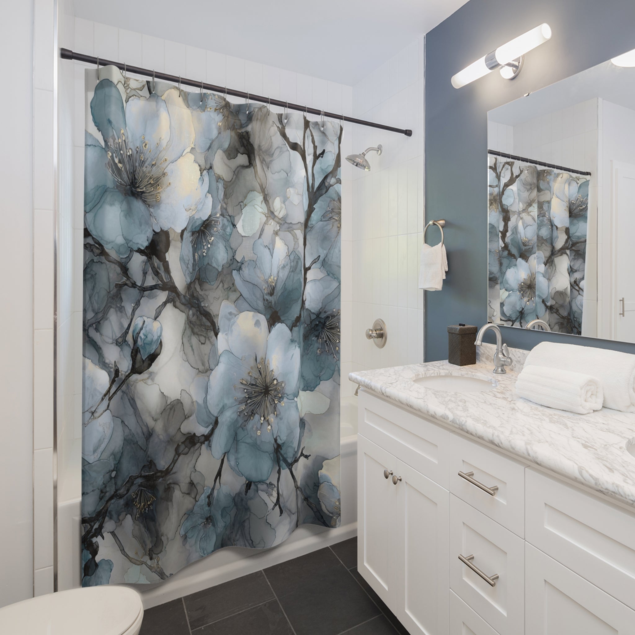 Abstract Shower Curtain | Floral Watercolor Blue Grey