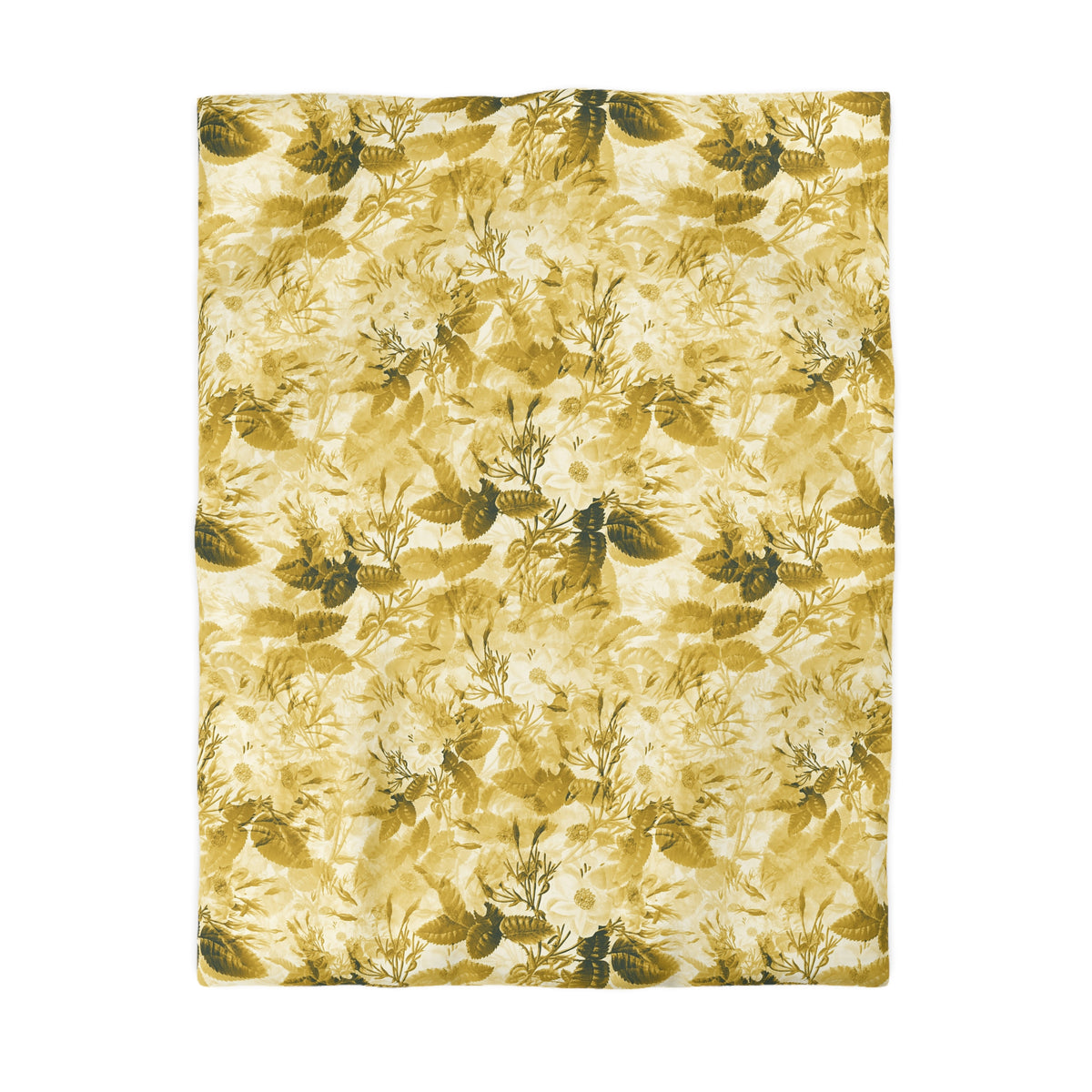 a repeating pattern of yellow and green leaves and flowers on a fabric or material.