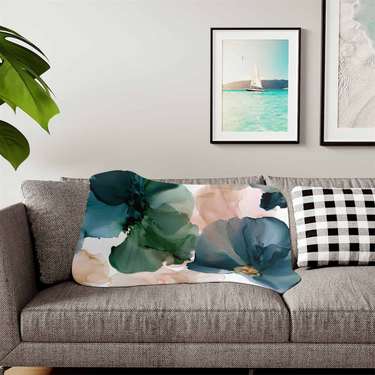 a living room with a couch and a painting on the wall