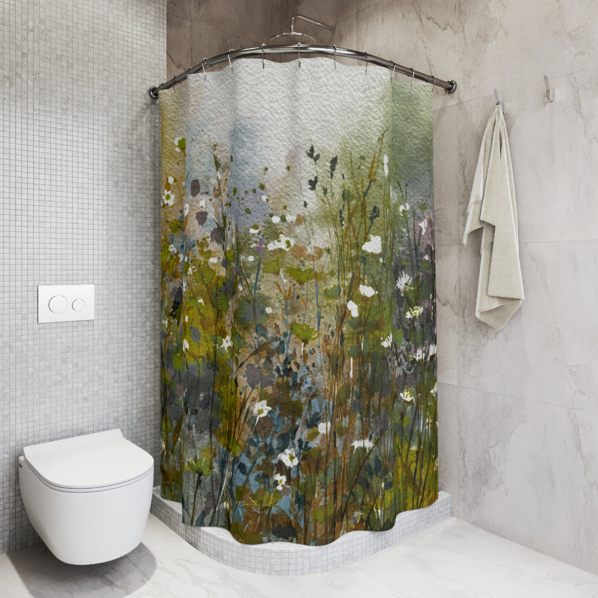a bathroom with a shower curtain that has a floral pattern. The shower curtain is hanging in the corner of the shower area. The bathroom also includes a toilet and a towel rack.