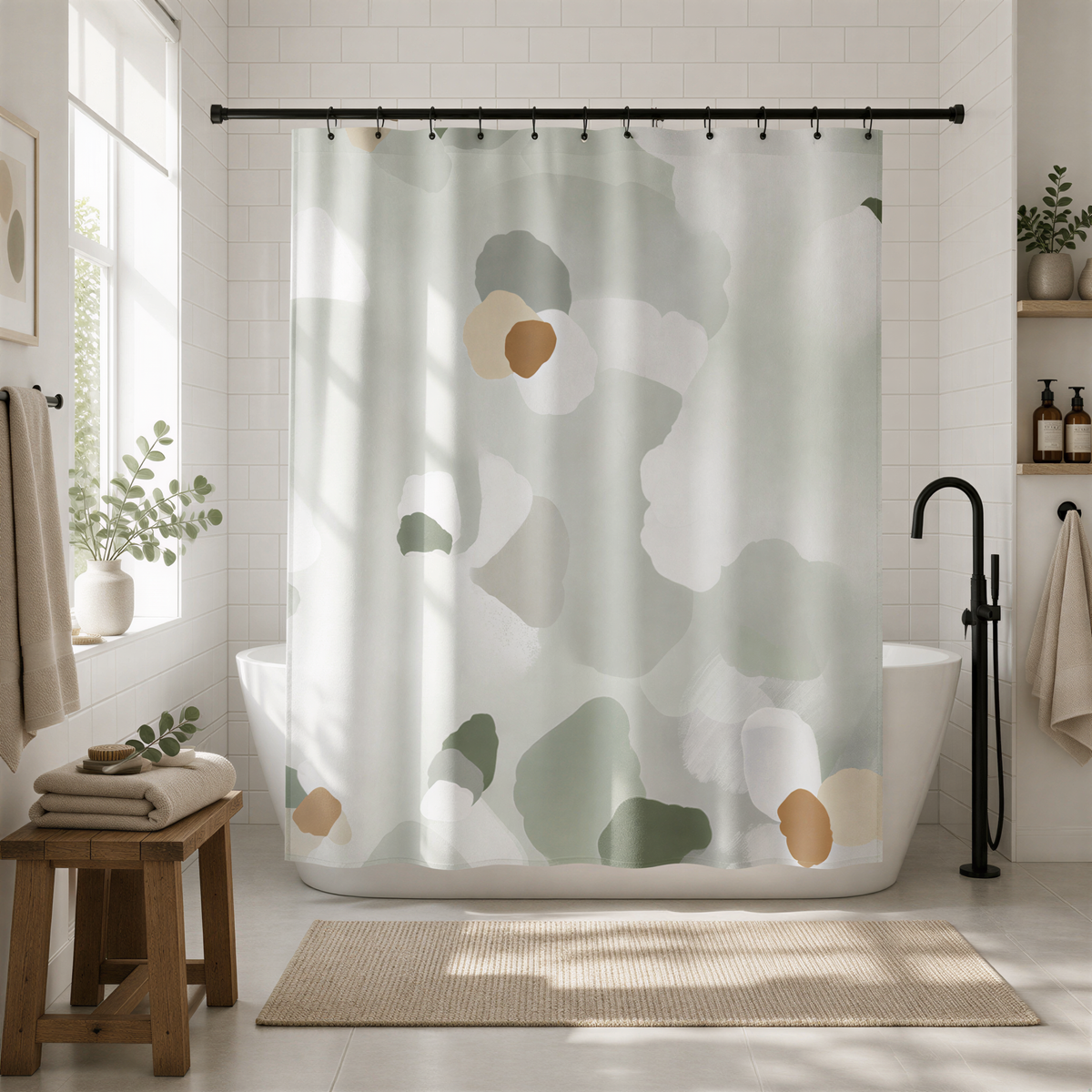 a modern bathroom with a large shower curtain featuring a colorful abstract design in shades of green, gray, and white. The bathroom is well-lit, with a wooden bench, a white bathtub, and various decorative elements such as potted plants and a vase.