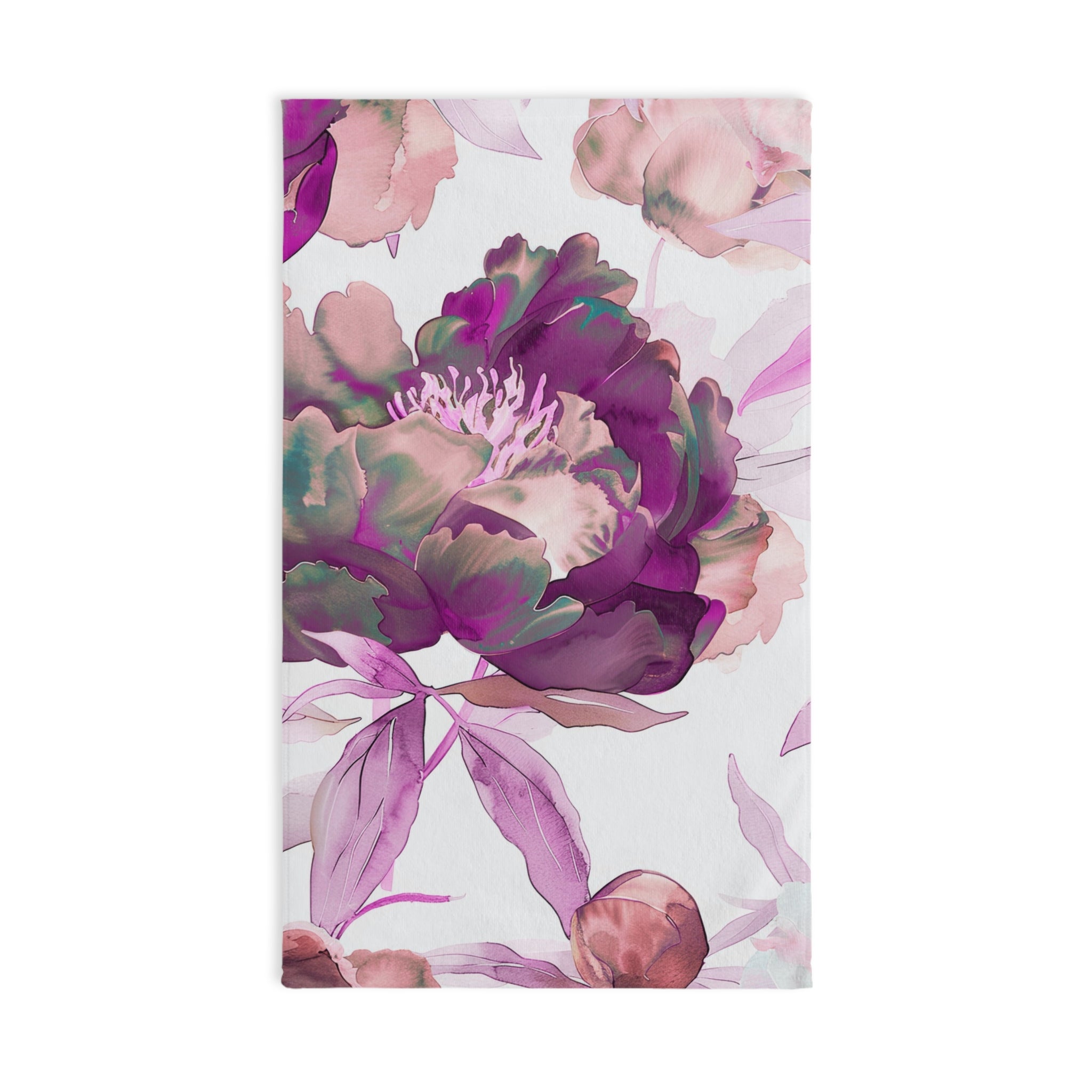 Floral Kitchen, Bath Hand Towel | Botanical White Pink Watercolor