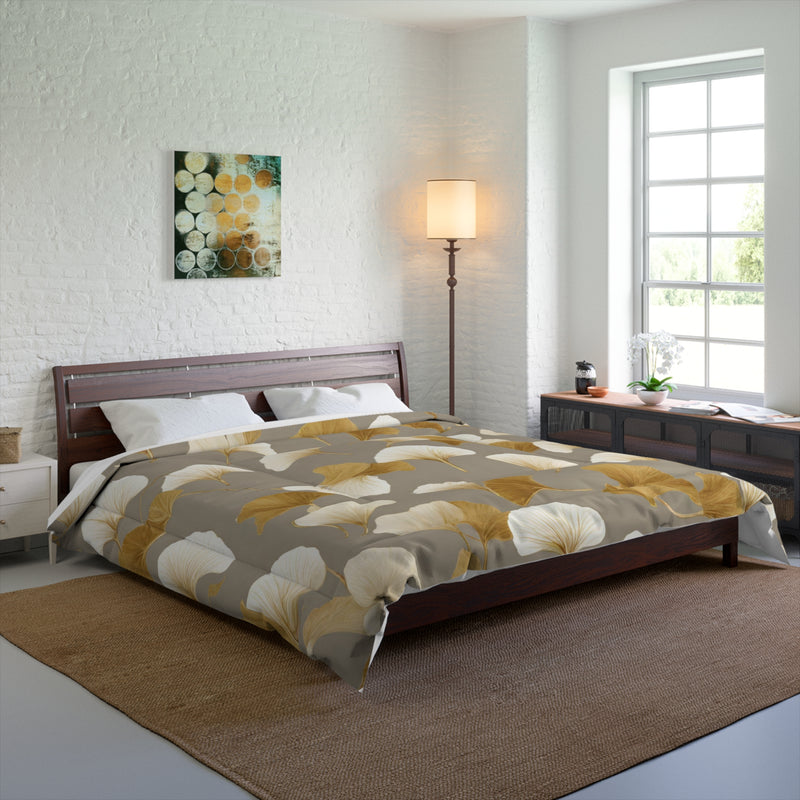 Floral Comforter | Taupe, Gold, Ivory Beige, Gingko Leaves