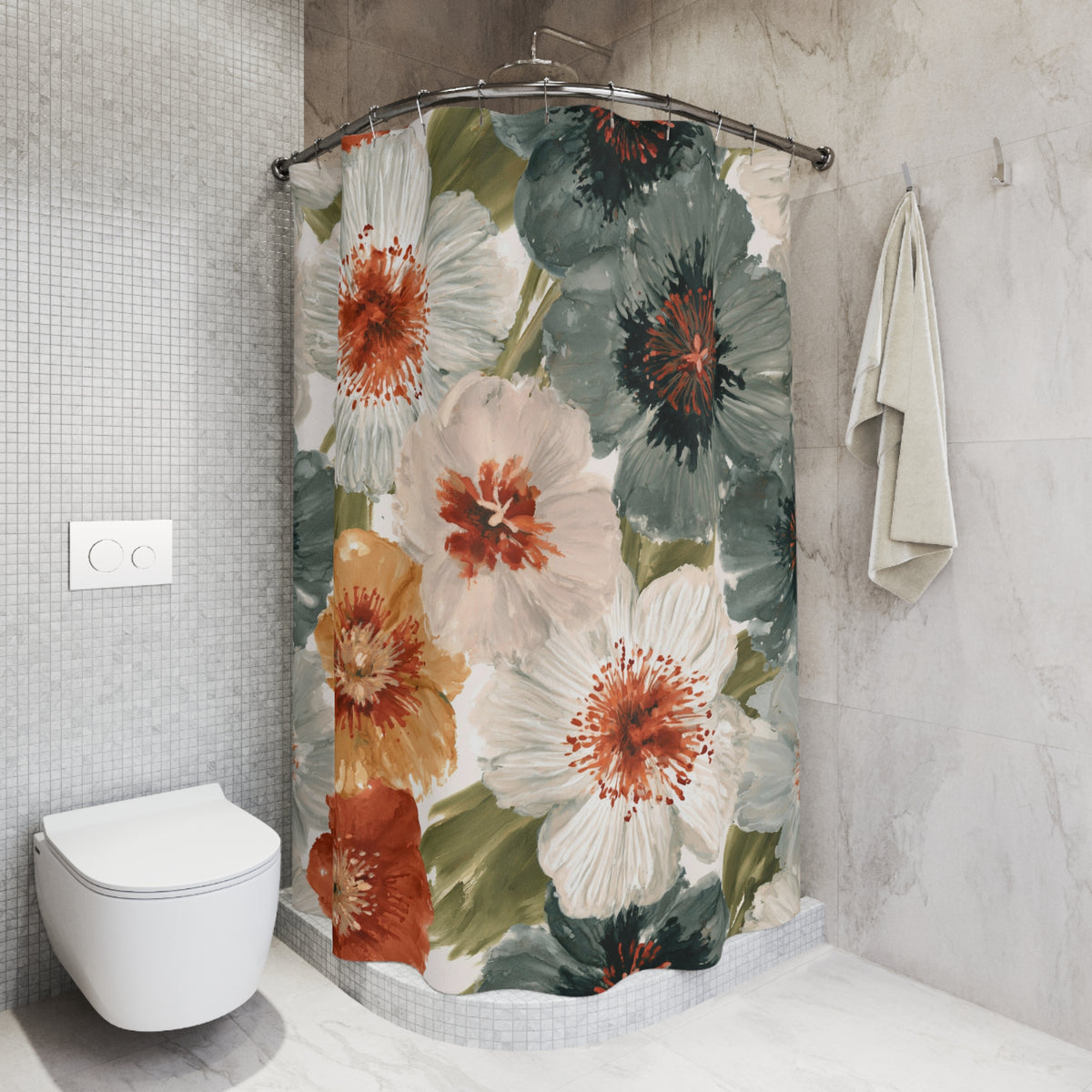 Rust Teal Daisy Floral Shower Curtain, Bath Curtain 71x74