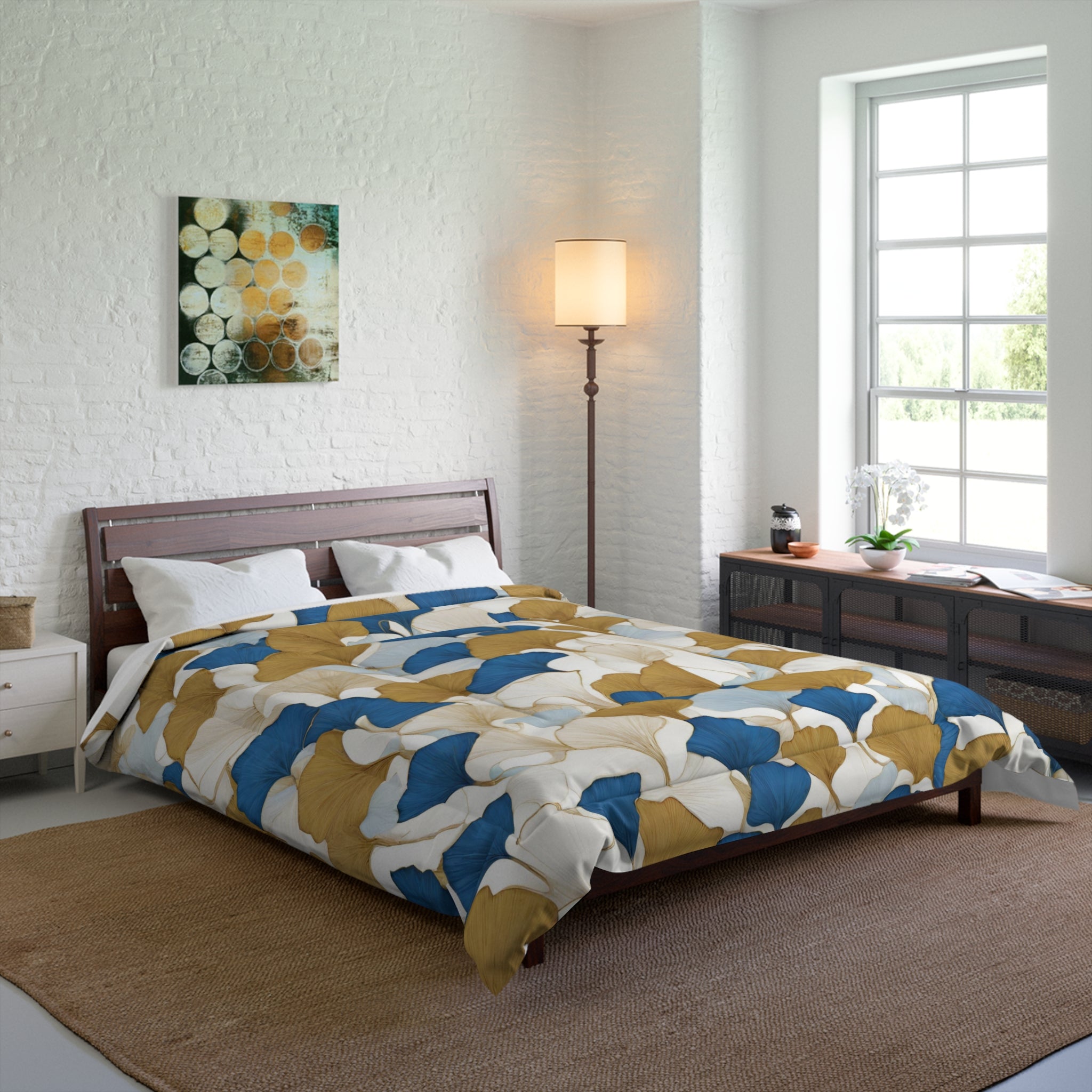 Floral Comforter | Indigo, Sky Blue, Ivory Beige, Gingko Leaves