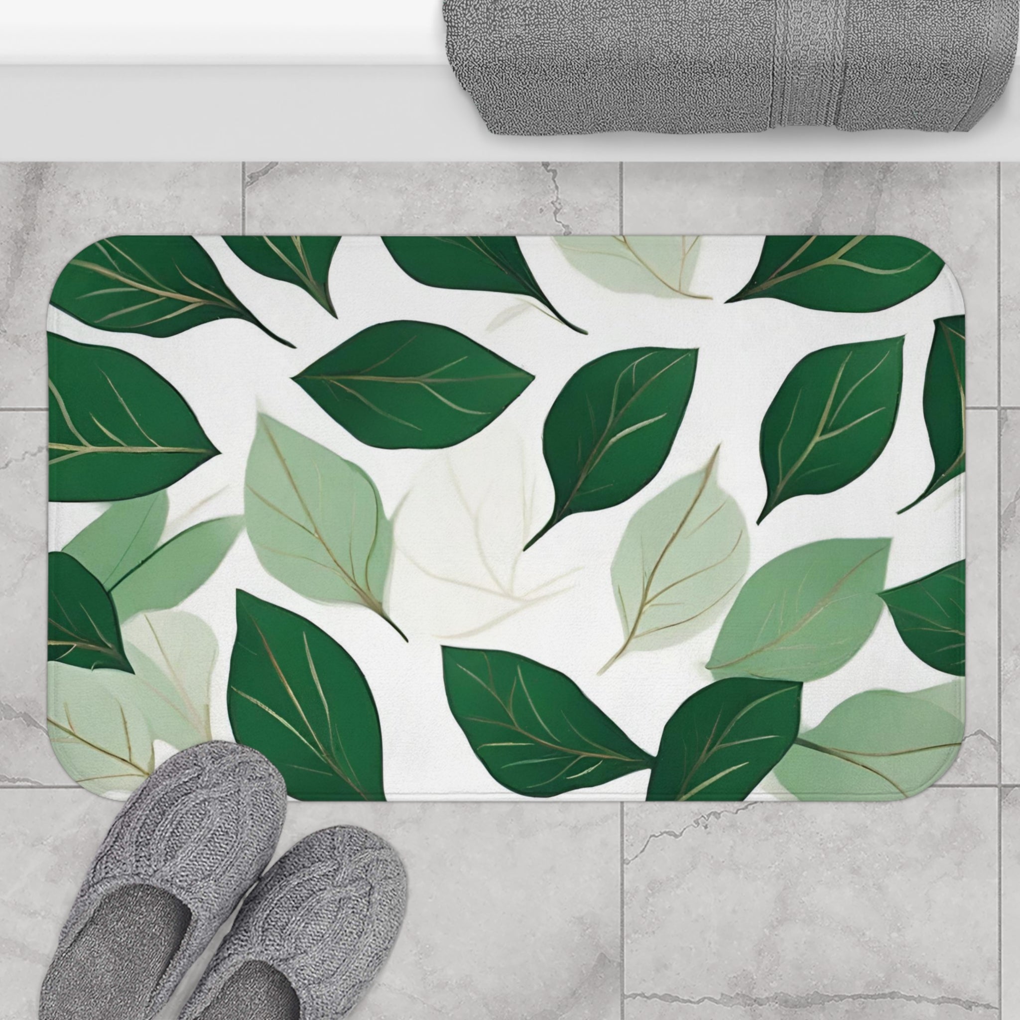 Floral Bath Mat | White, Emerald Sage Green leaves