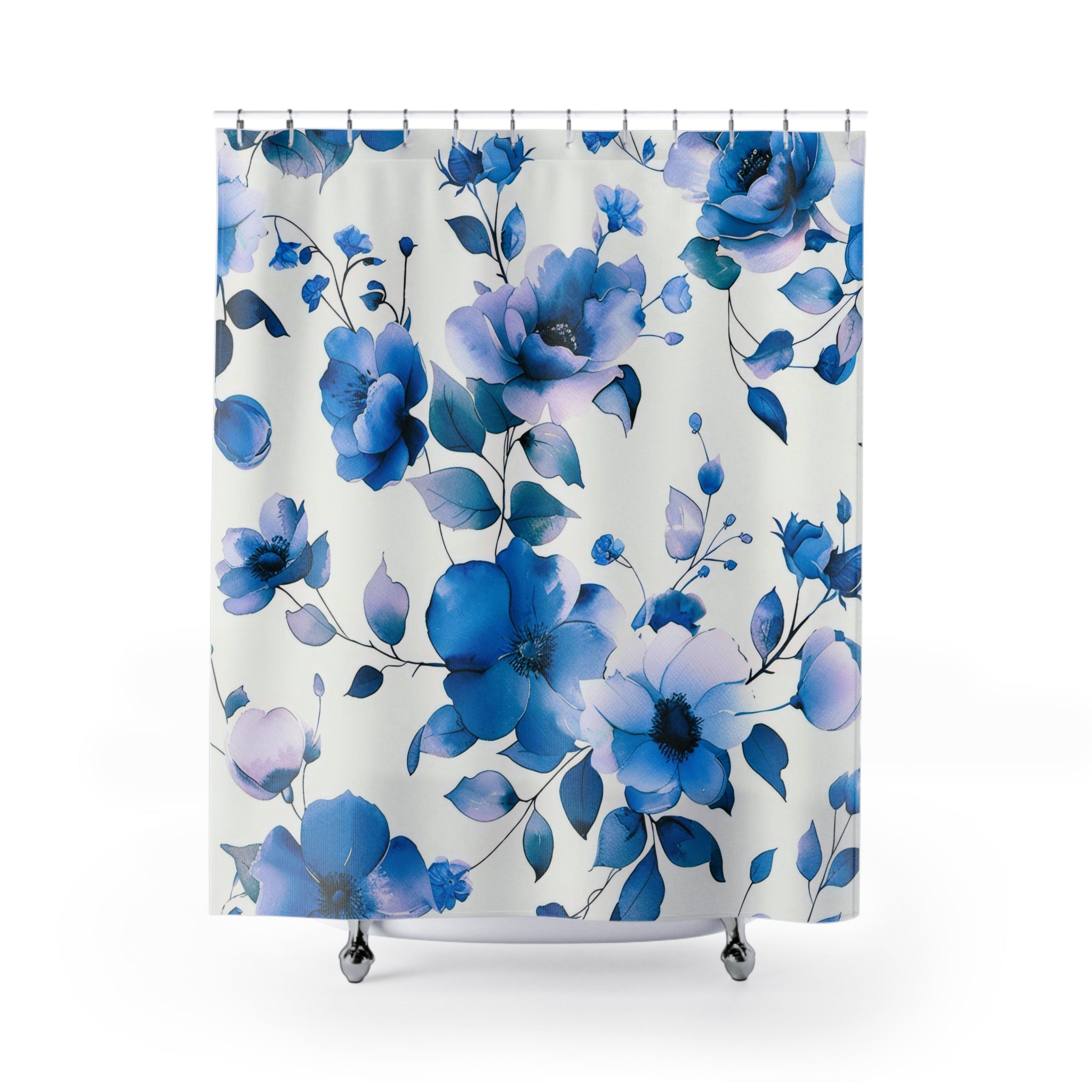 Boho Shower Curtain | Floral, Indigo Blue White