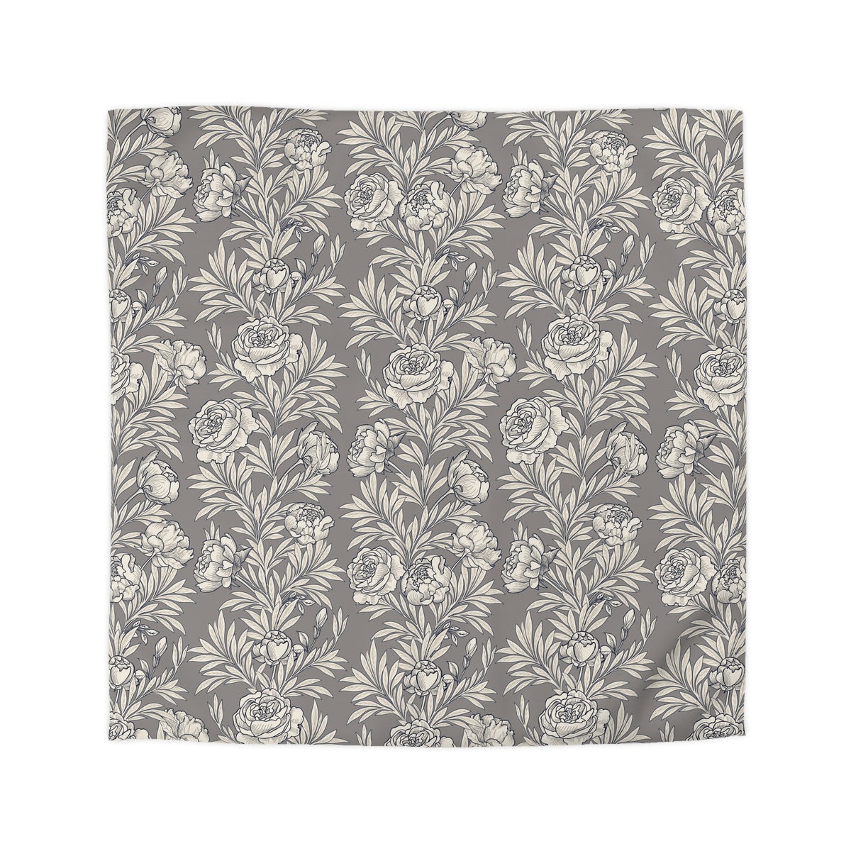 a repeating pattern of gray floral designs on a white background.