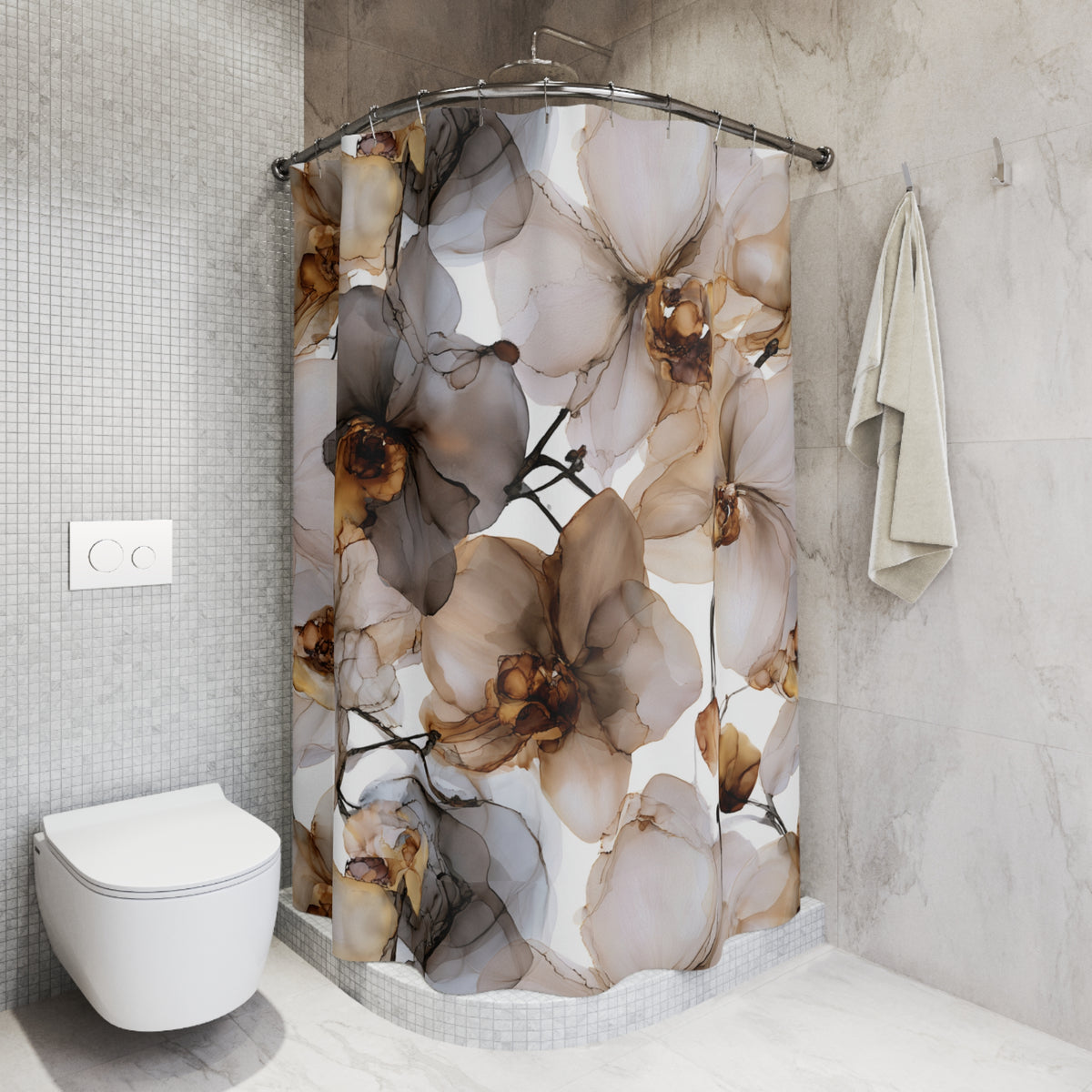 Grey Taupe Ink Orchid Shower Curtain, Bath Curtain 71x74