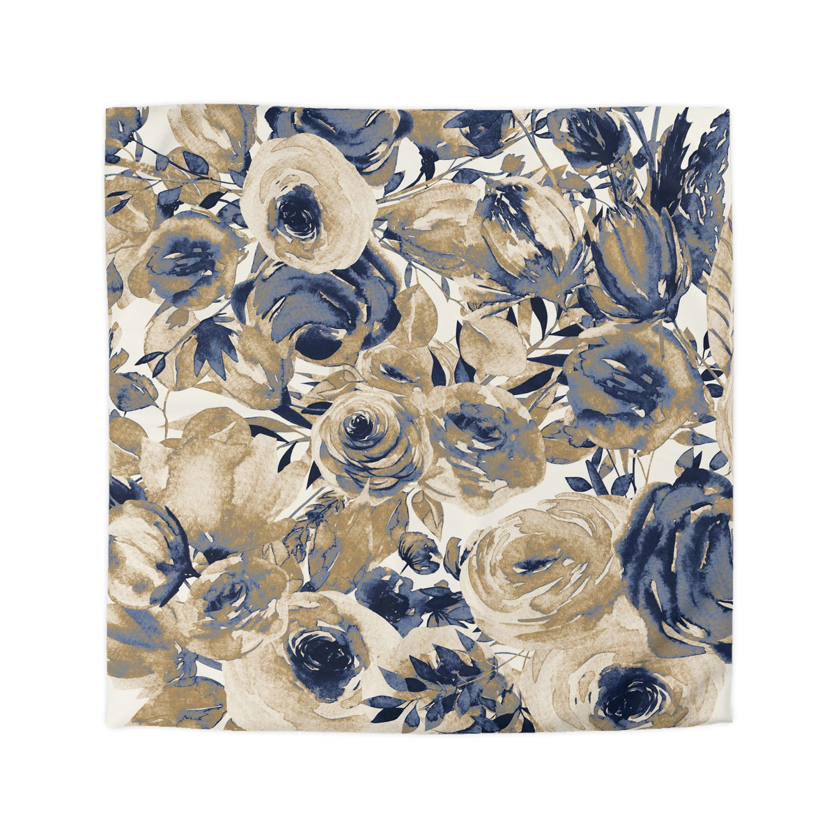 a floral pattern with various shades of blue and beige flowers, including roses, lilies, and other blooms. The flowers are arranged in a visually appealing manner, creating a sense of depth and complexity. The overall composition is harmonious and balanced, with the colors and shapes complementing each other.