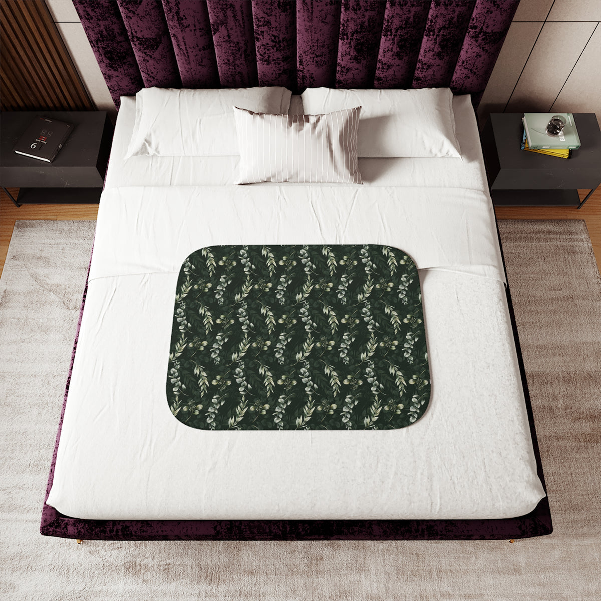 Forest Green Eucalyptus Sherpa Blanket | Dark Sage Botanical Throw
