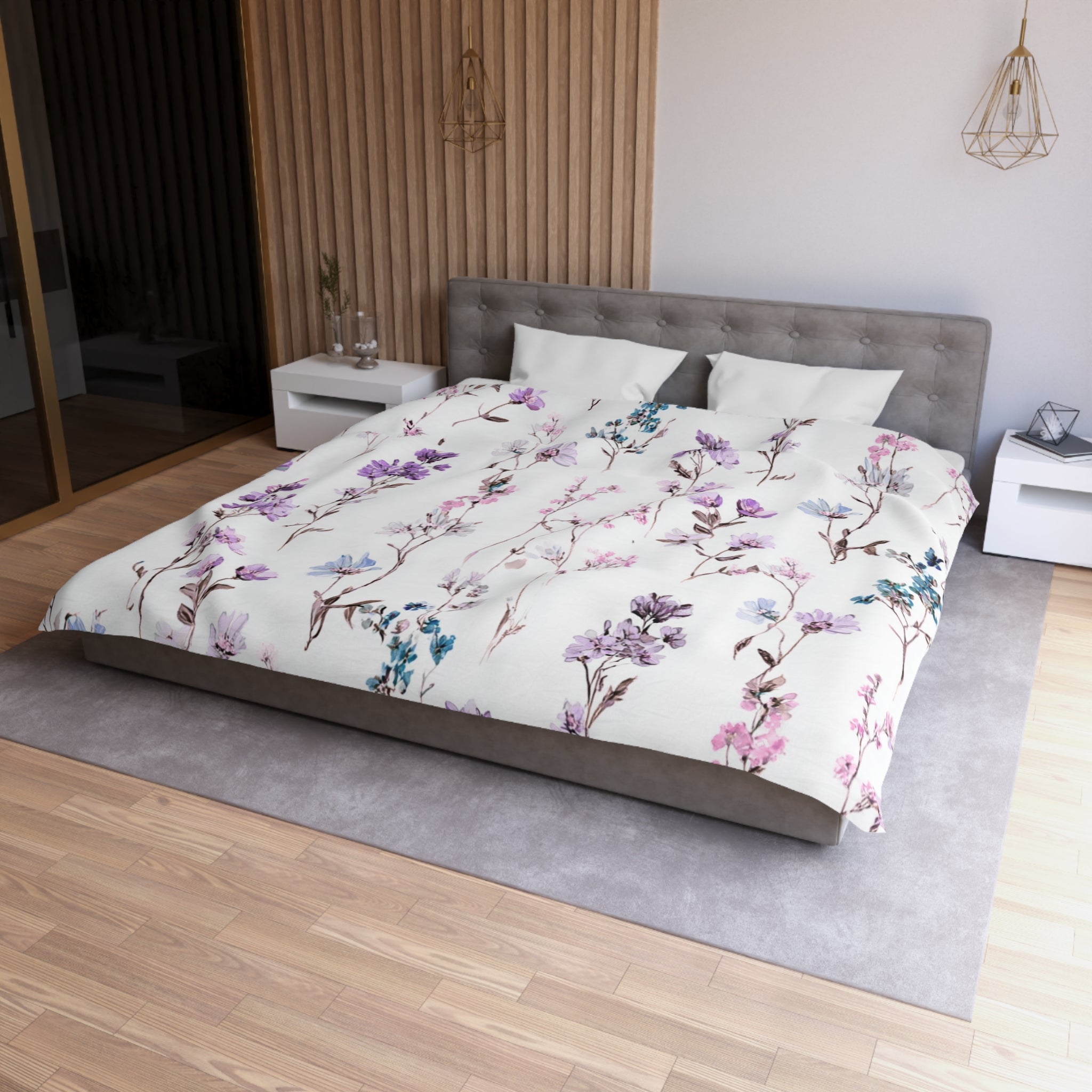 Floral Modern Duvet, Pillow Cover | White Purple Bedroom Decor