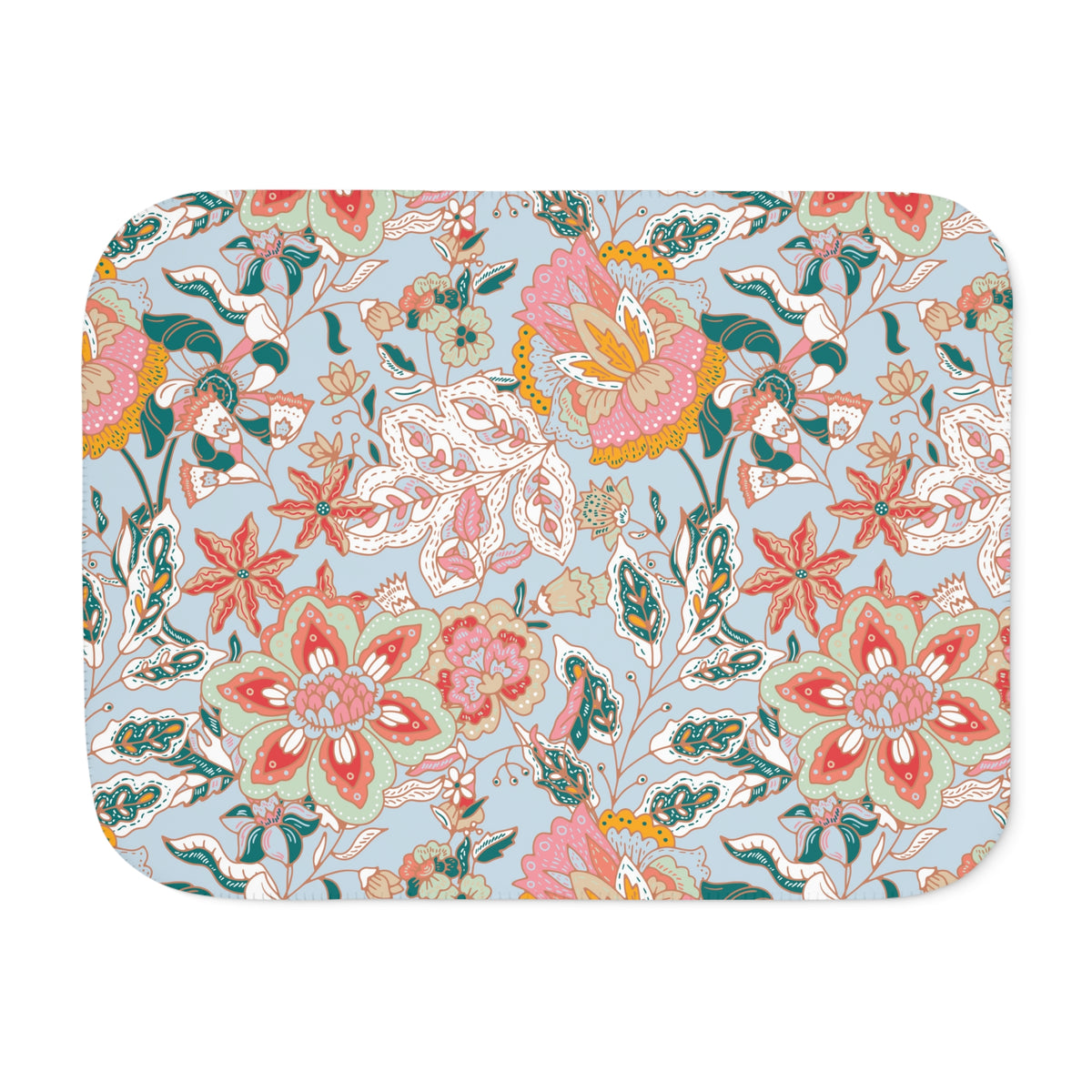 Coral Teal Jacobean Floral Sherpa Blanket | Light Blue Throw