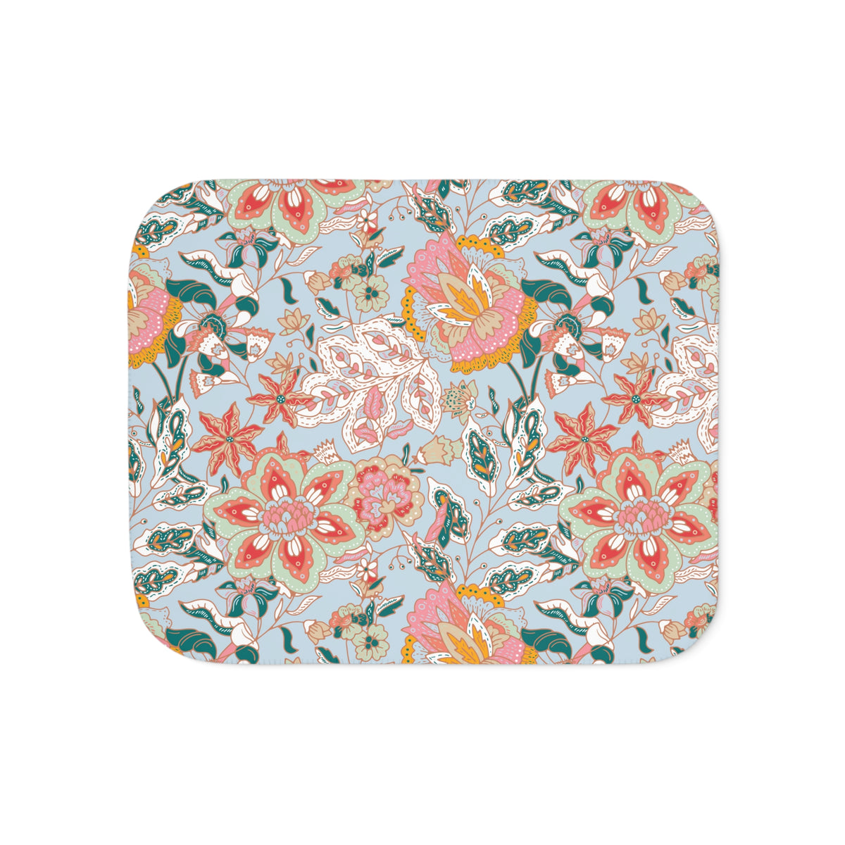 Coral Teal Jacobean Floral Sherpa Blanket | Light Blue Throw