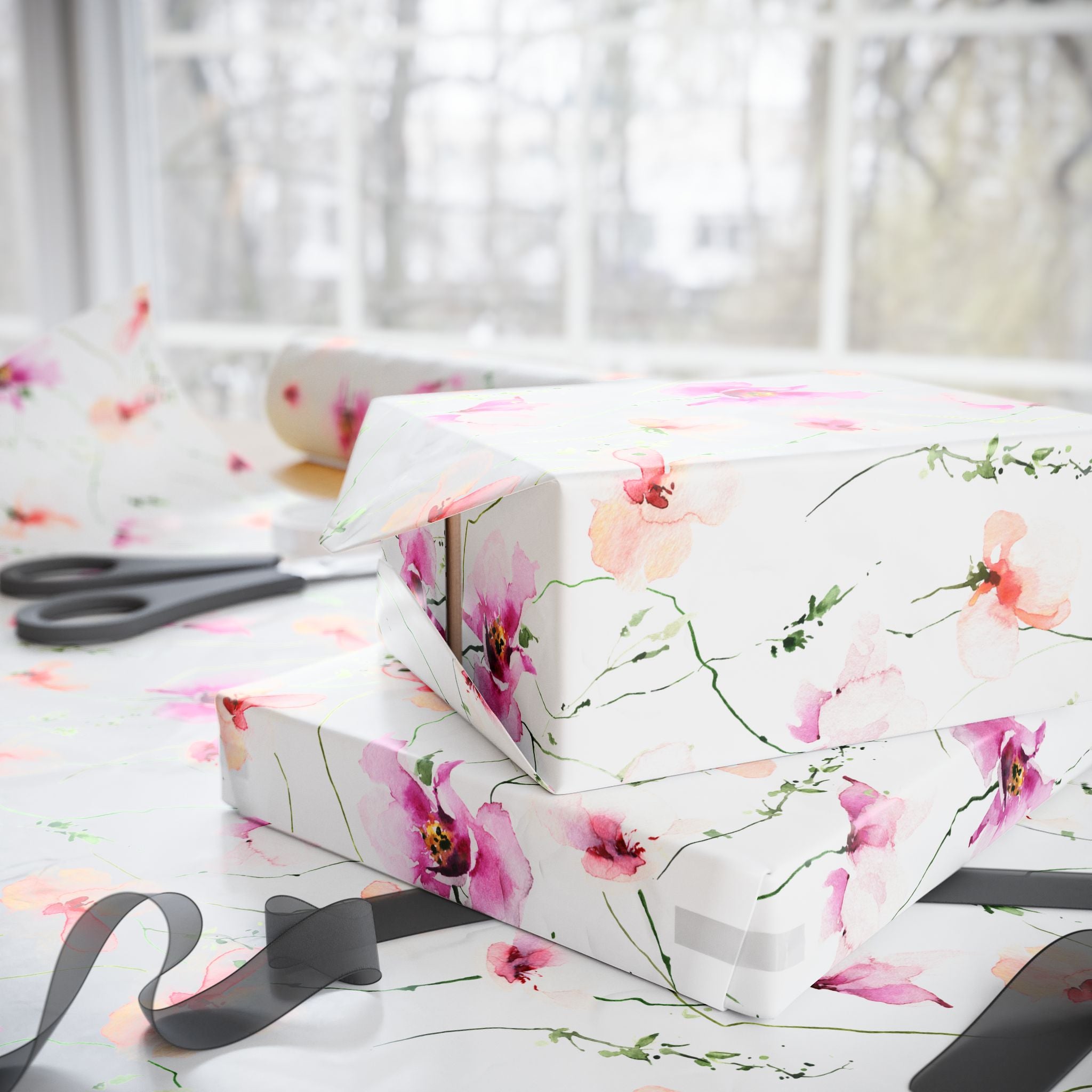 Gift Wrapping Paper | Pink White Floral Wrap for the Holidays, Birthdays