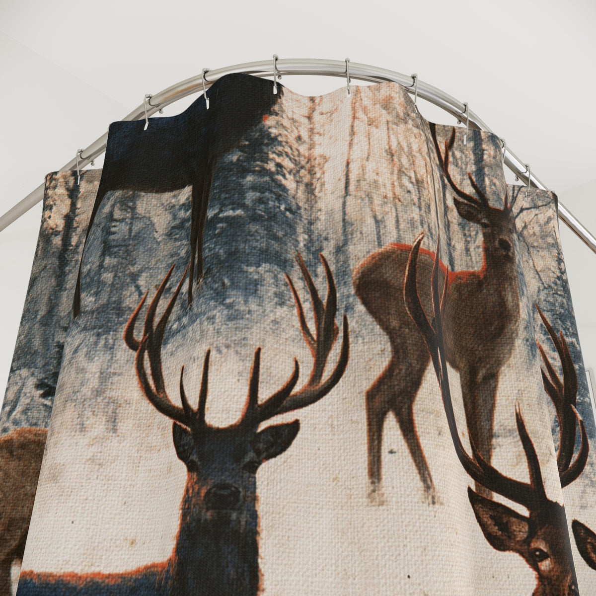 Brown Cream Rustic Deer Herd Shower Curtain, Bath Curtain 71x74