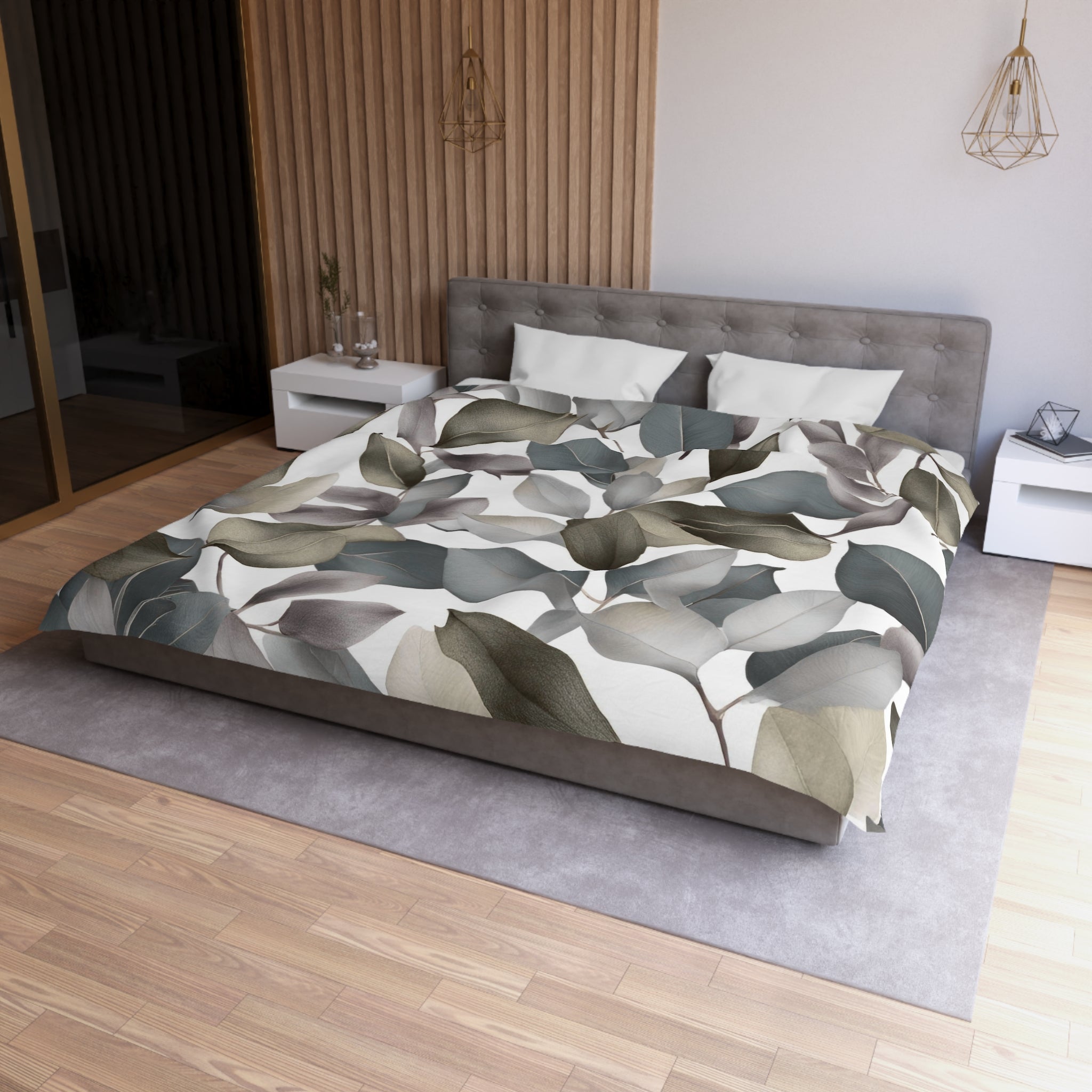 Floral Duvet, Pillow Cover | Beige Grey White Leaves Bedroom Decor