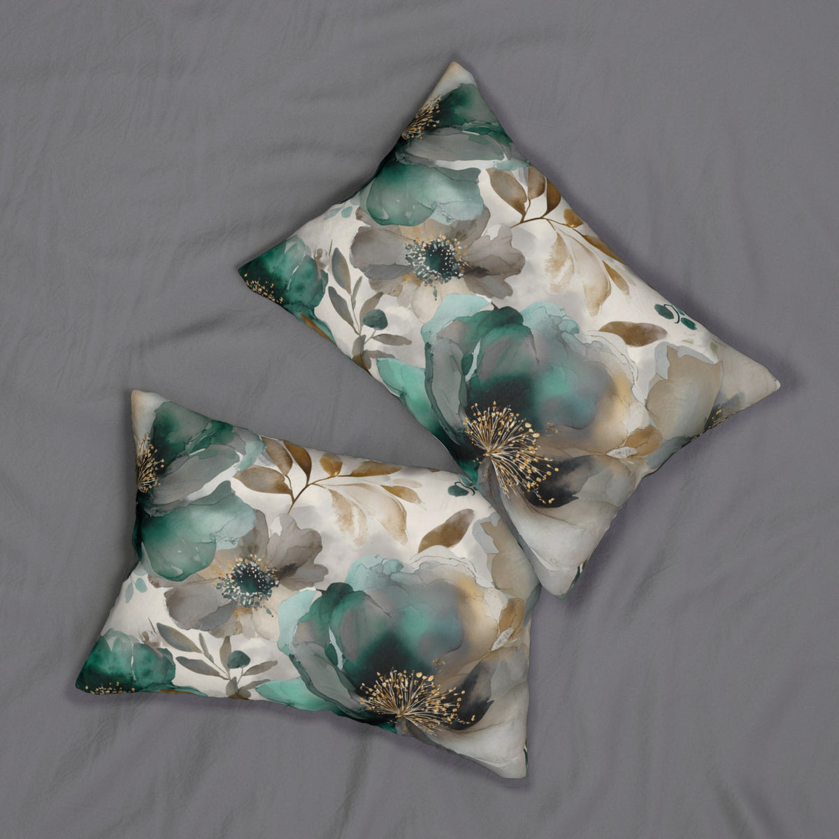 two decorative pillows with a floral pattern on a grey background.