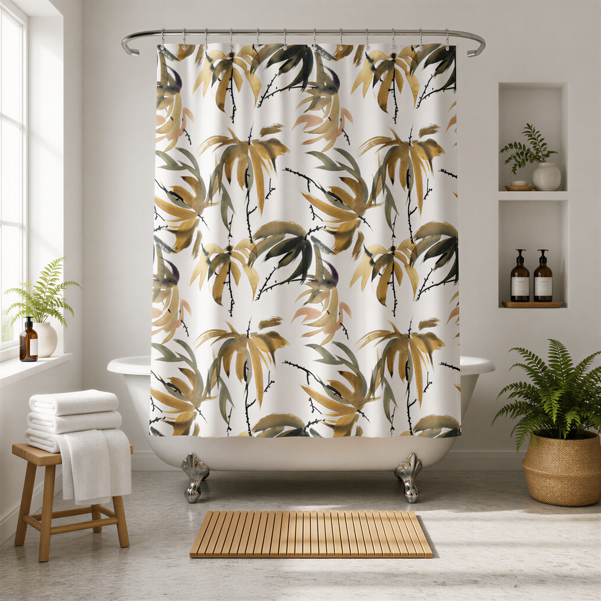 a bathroom with a white bathtub, a shower curtain with a tropical print, a wooden stool, and potted plants.