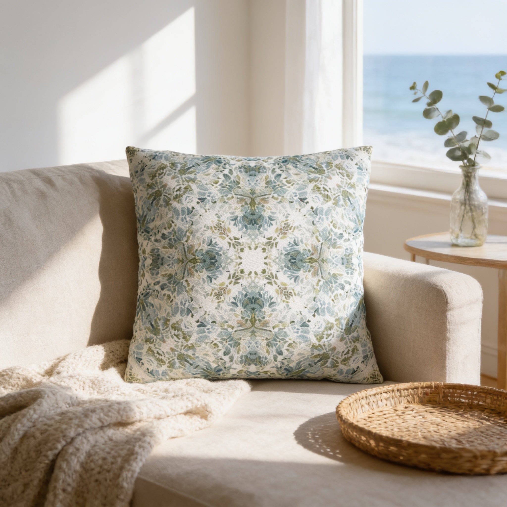 a cozy living room with a beige sofa, a decorative pillow with a floral pattern, a woven basket, and a vase with greenery. The room has a window overlooking the ocean, creating a serene and inviting atmosphere.