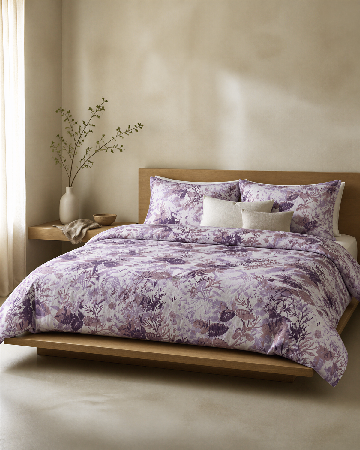 a serene and cozy bedroom scene, featuring a large bed with a purple and white floral comforter and matching pillows, a wooden headboard, and a small side table with a vase of branches.
