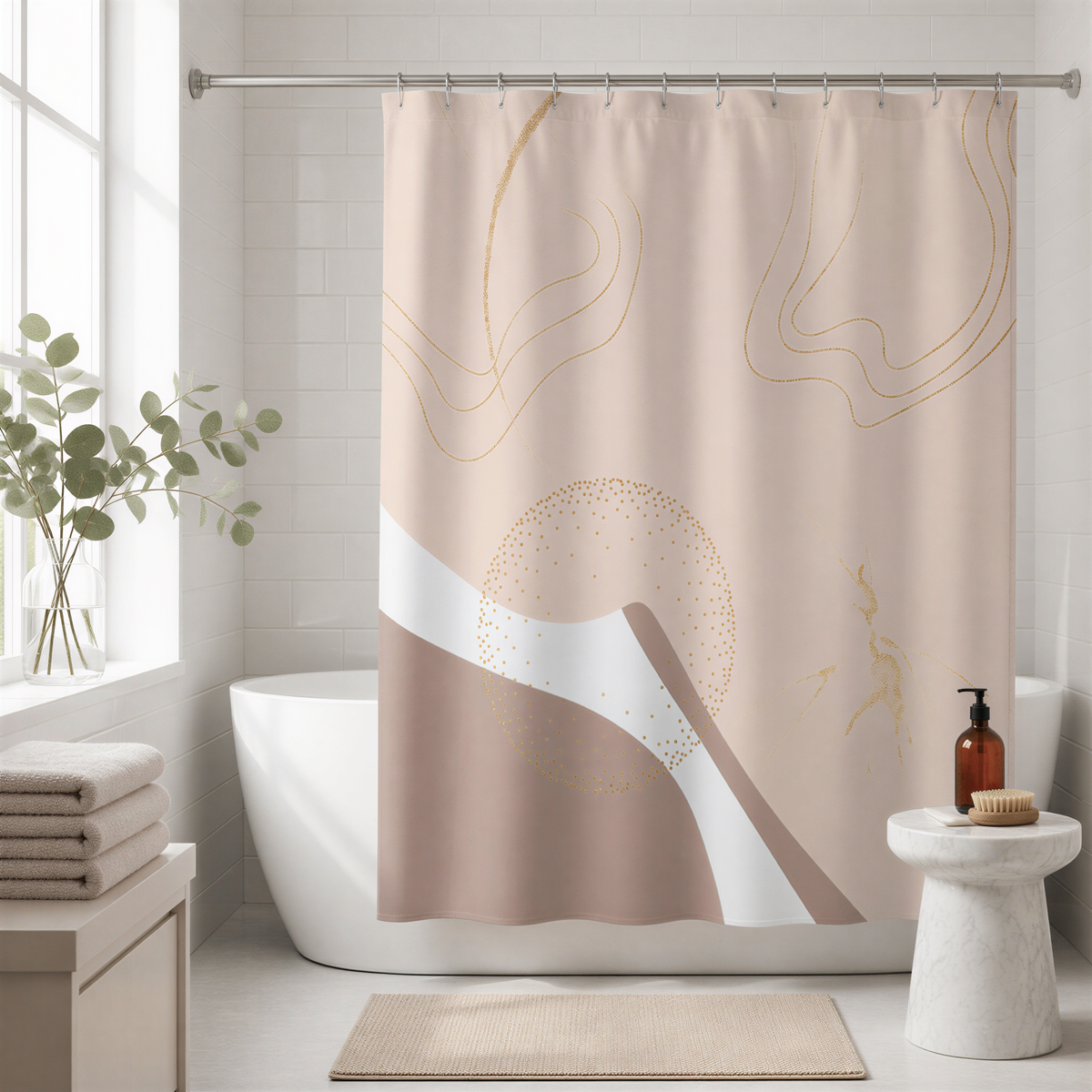 a bathroom with a shower curtain featuring abstract designs in shades of pink and white. The bathroom is well-decorated with a white bathtub, a small table with a bottle and a brush, and a potted plant.