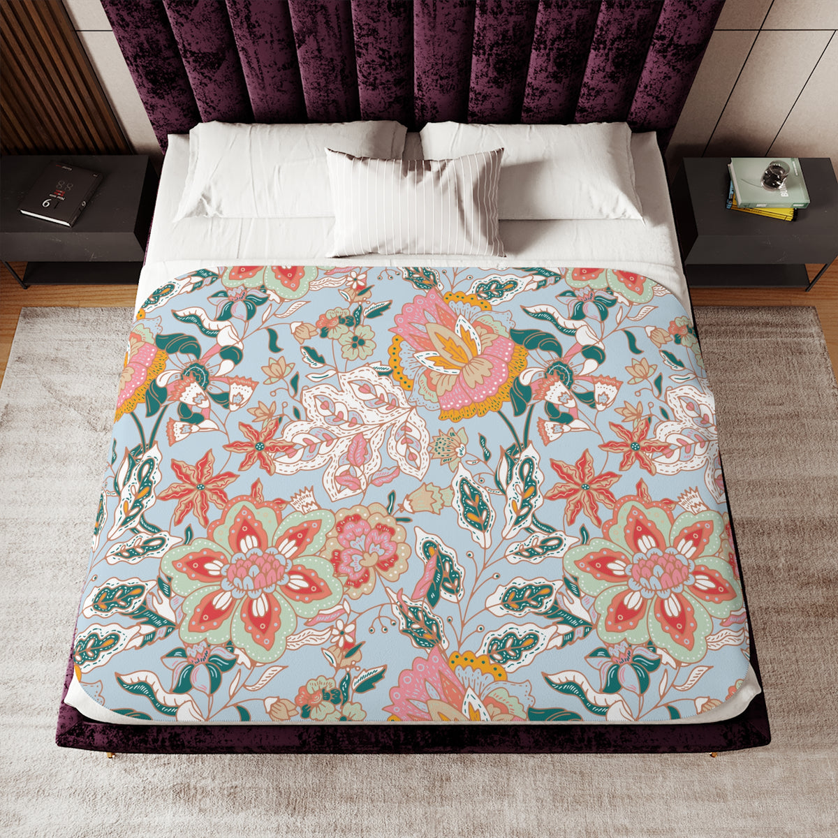 Coral Teal Jacobean Floral Sherpa Blanket | Light Blue Throw