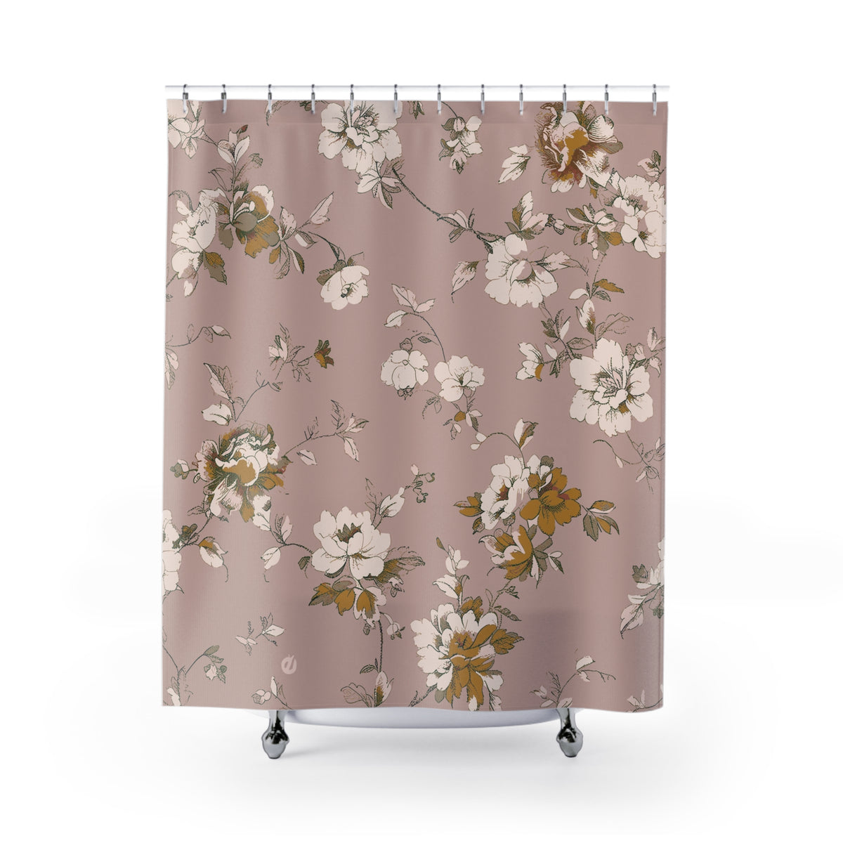 a shower curtain with a floral pattern in shades of pink and white.