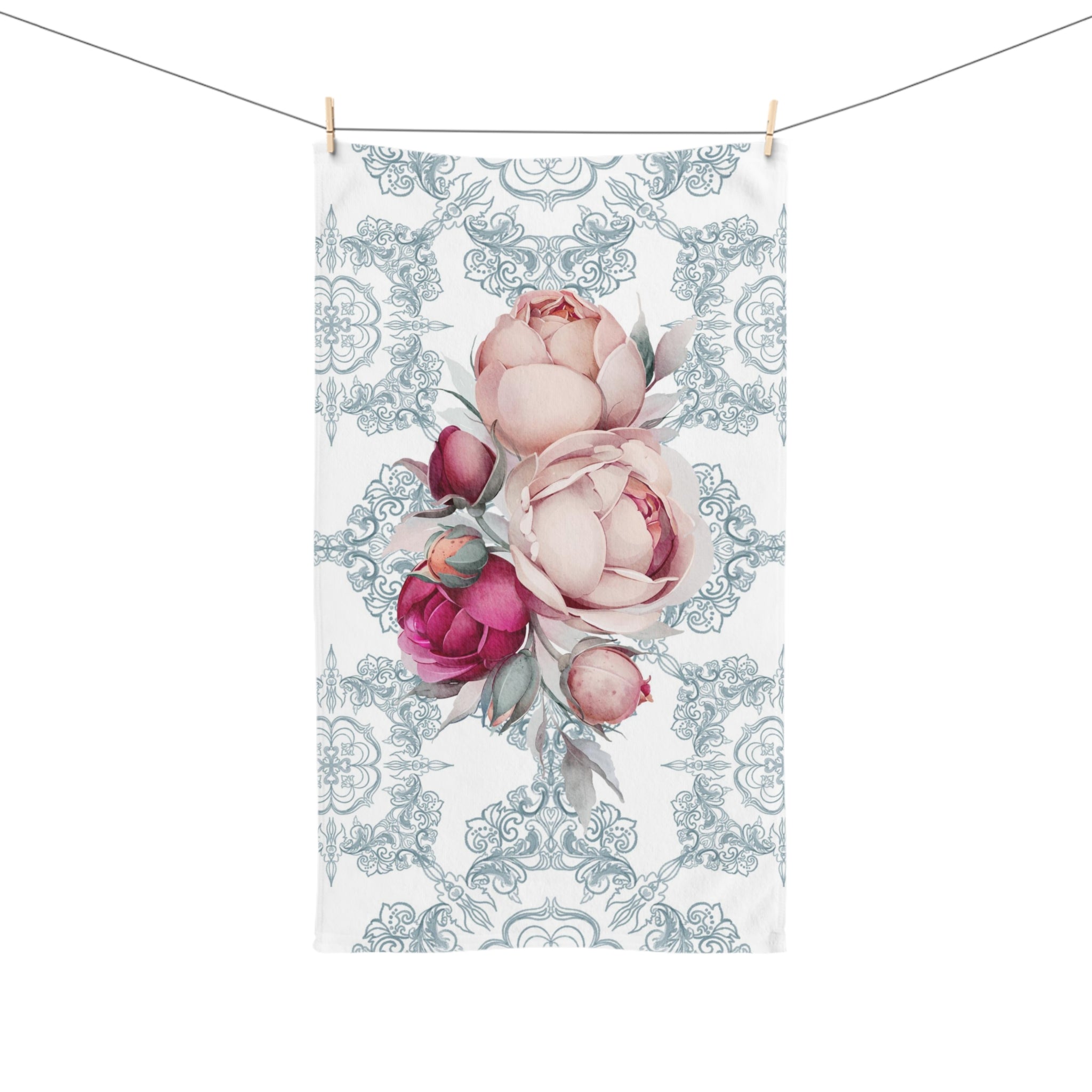 Kitchen, Bath Hand Towel | Amalfi Coast, Blue White, Tiles, Pink Peonies