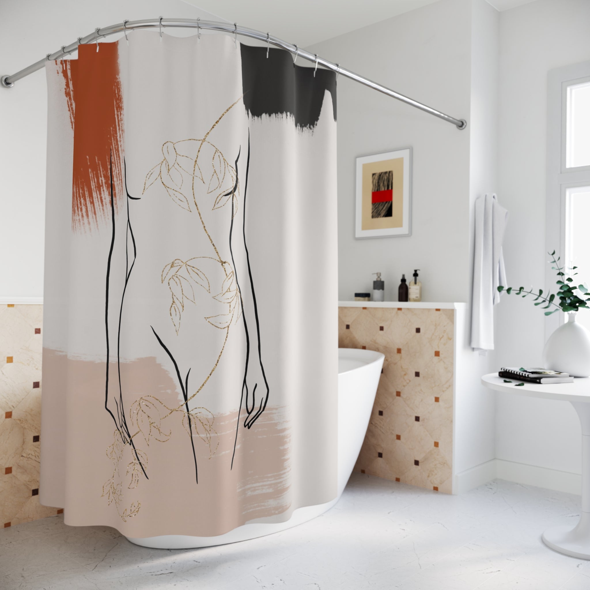 Boho Shower Curtain | Black Line Art Female Silhouette