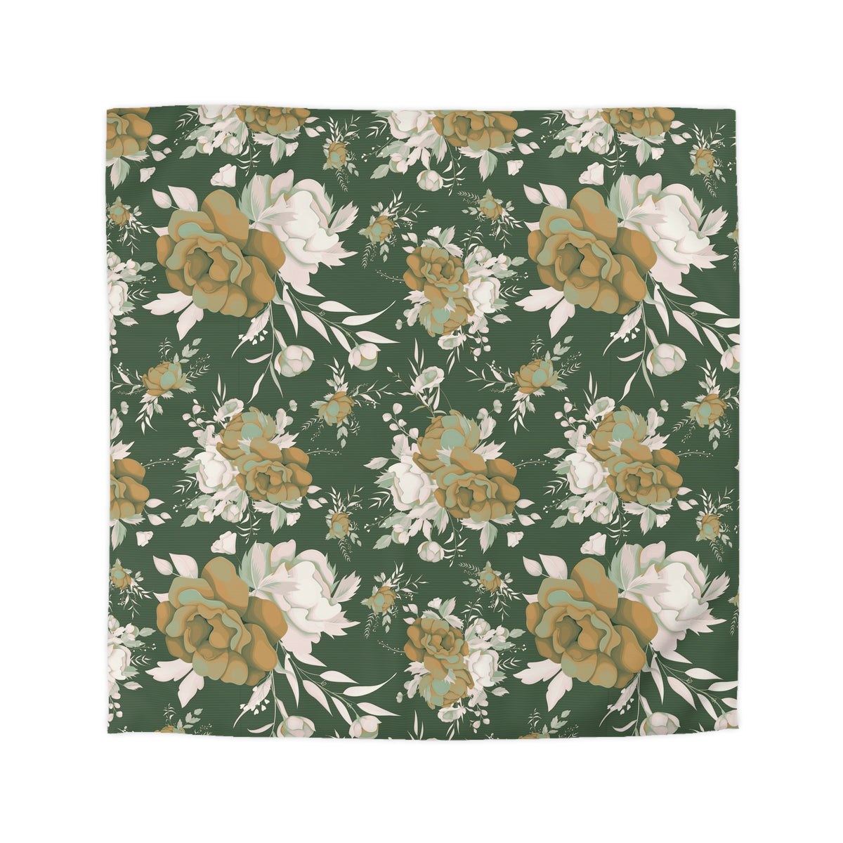 a square-shaped floral pattern with a repeating design of white and green flowers against a dark green background.