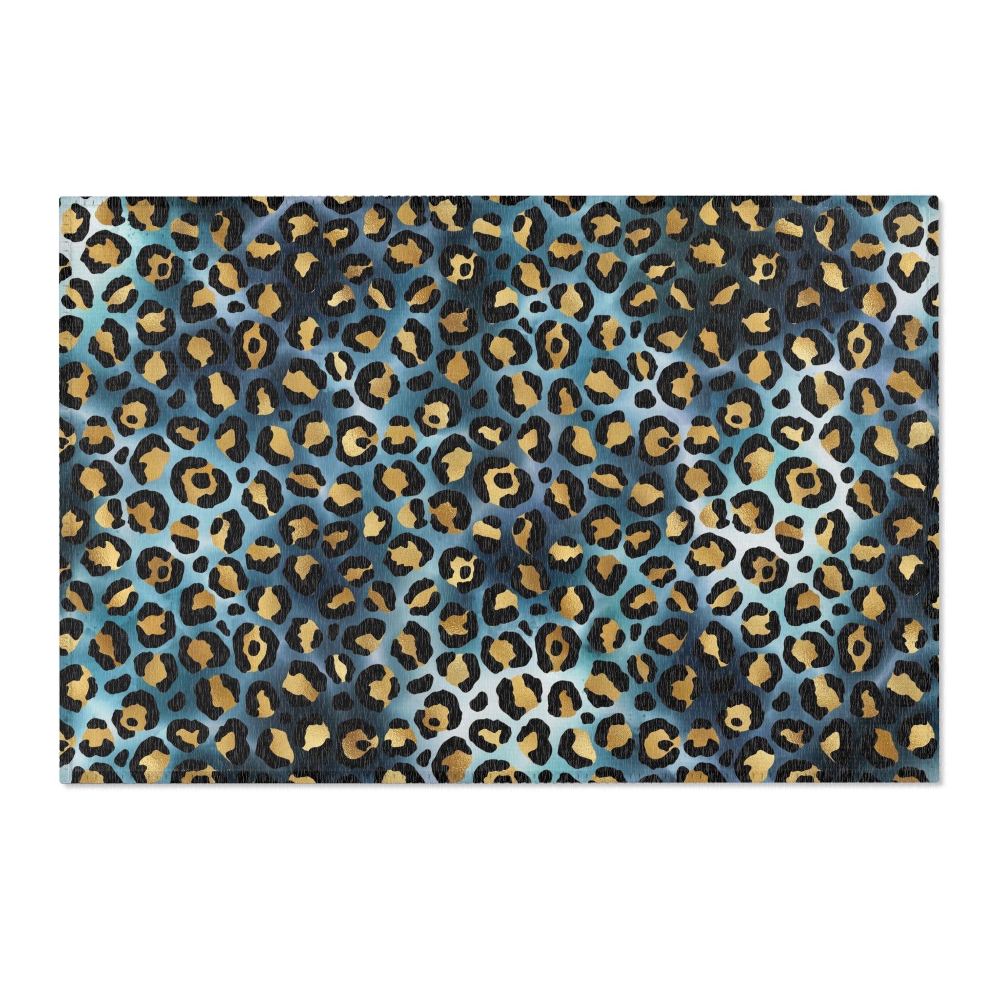 Boho Area Rug | Teal Blue Grey, Black Beige Leopard