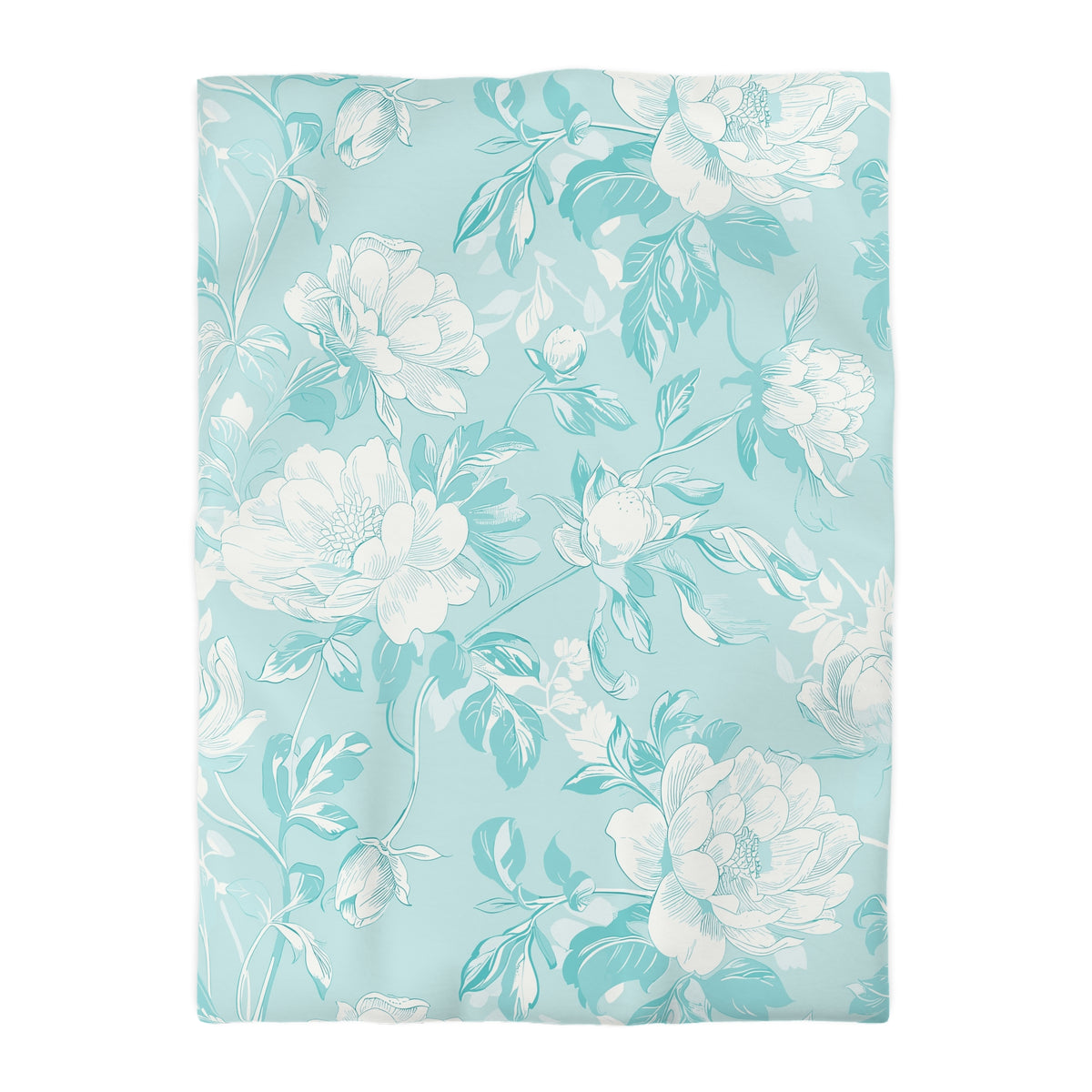 a repeating pattern of white flowers and leaves on a light blue background.