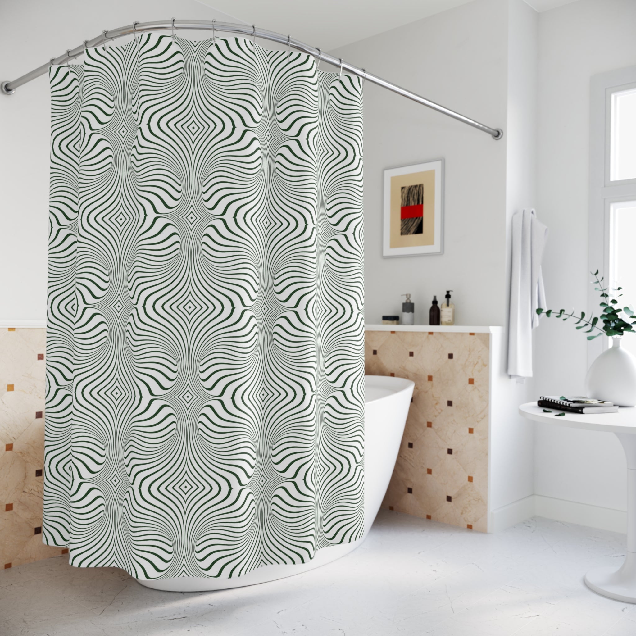 Art Deco Shower Curtain | Dark Green, White Bathroom Decor