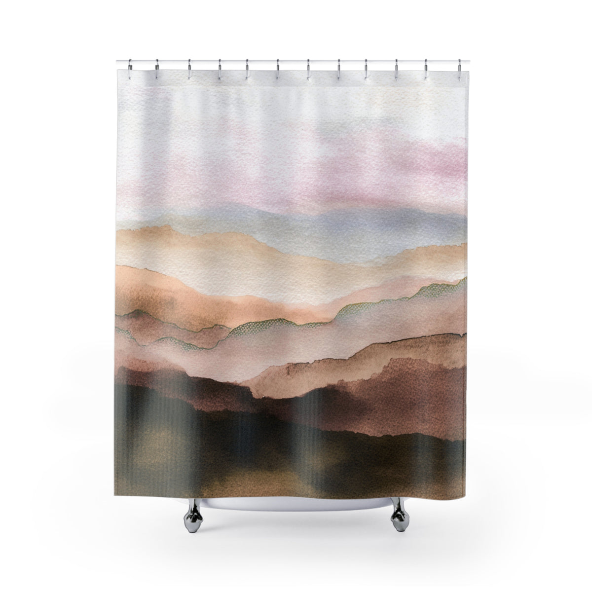 a shower curtain with a watercolor painting of a landscape depicting mountains.