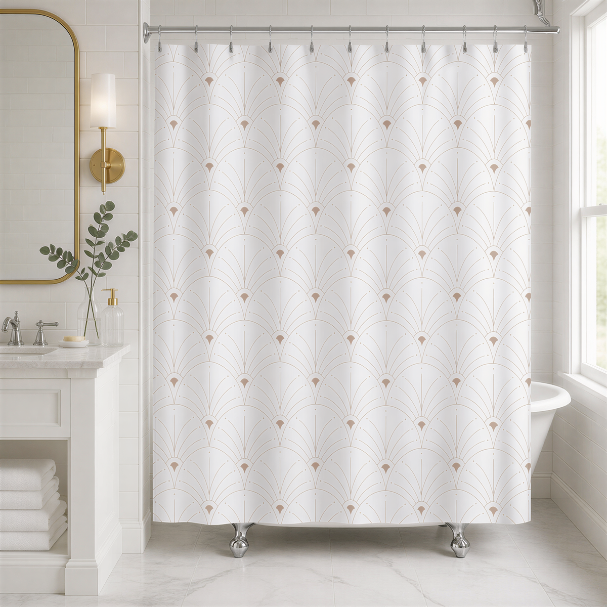 a bathroom with a shower curtain featuring a repeating pattern of white and gold lines. The bathroom has a white vanity and a window, creating a clean and modern aesthetic.