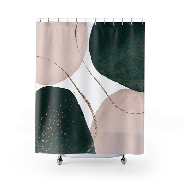 Abstract Shower Curtain | Forest Green, Blush Beige White