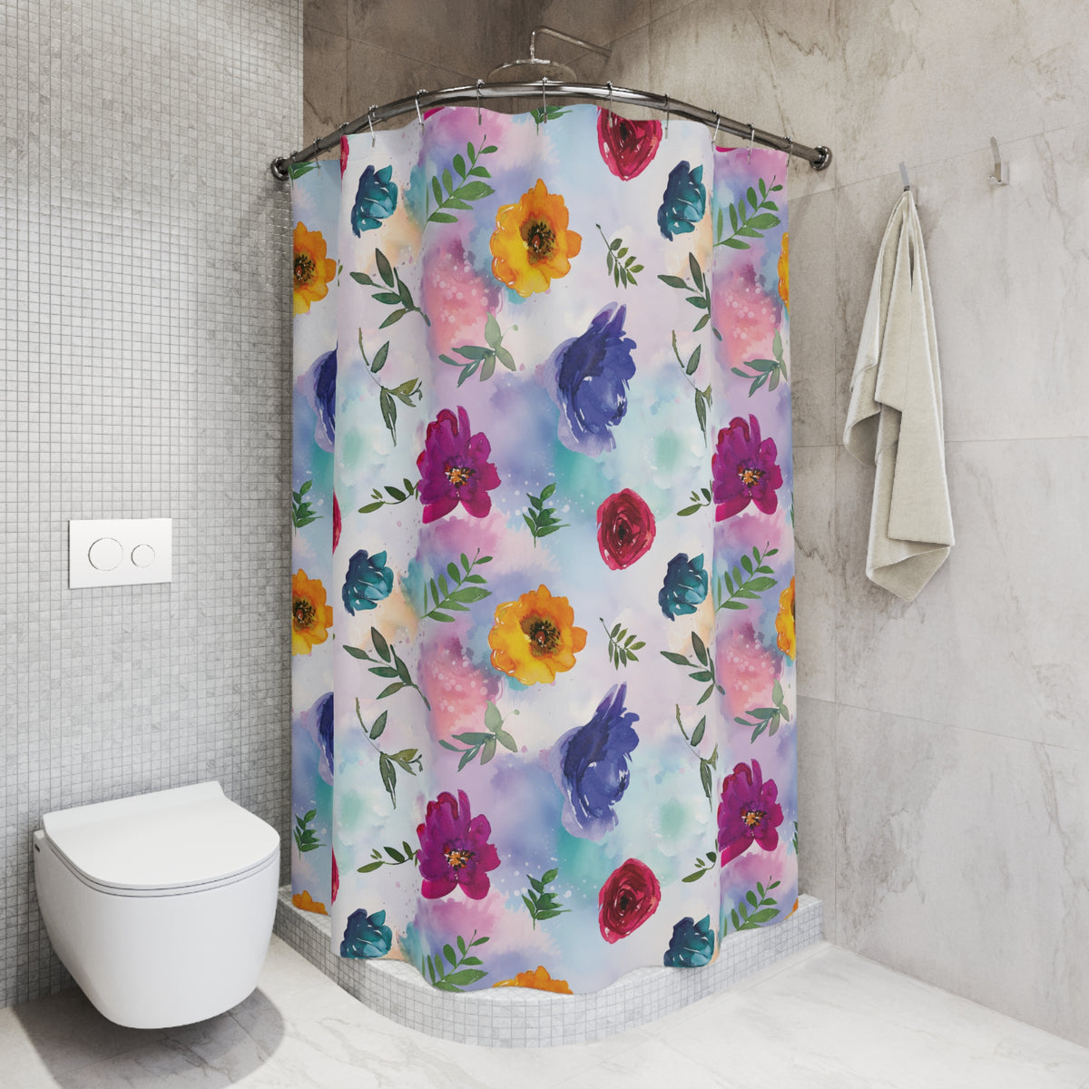 A bathroom with a colorful floral shower curtain featuring various flowers and leaves in different colors. The shower curtain is hanging on a rod next to a white towel.