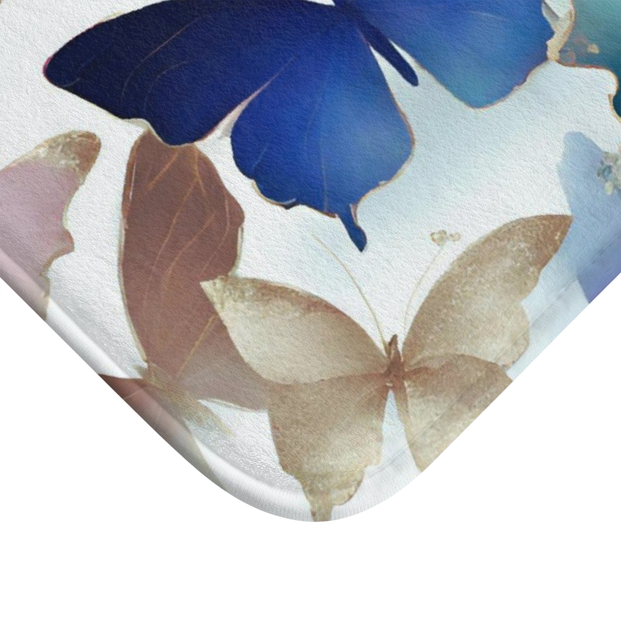 Boho Butterflies Bath, Kitchen Mat | Blue Pink, Muted Gold Beige, Colorful