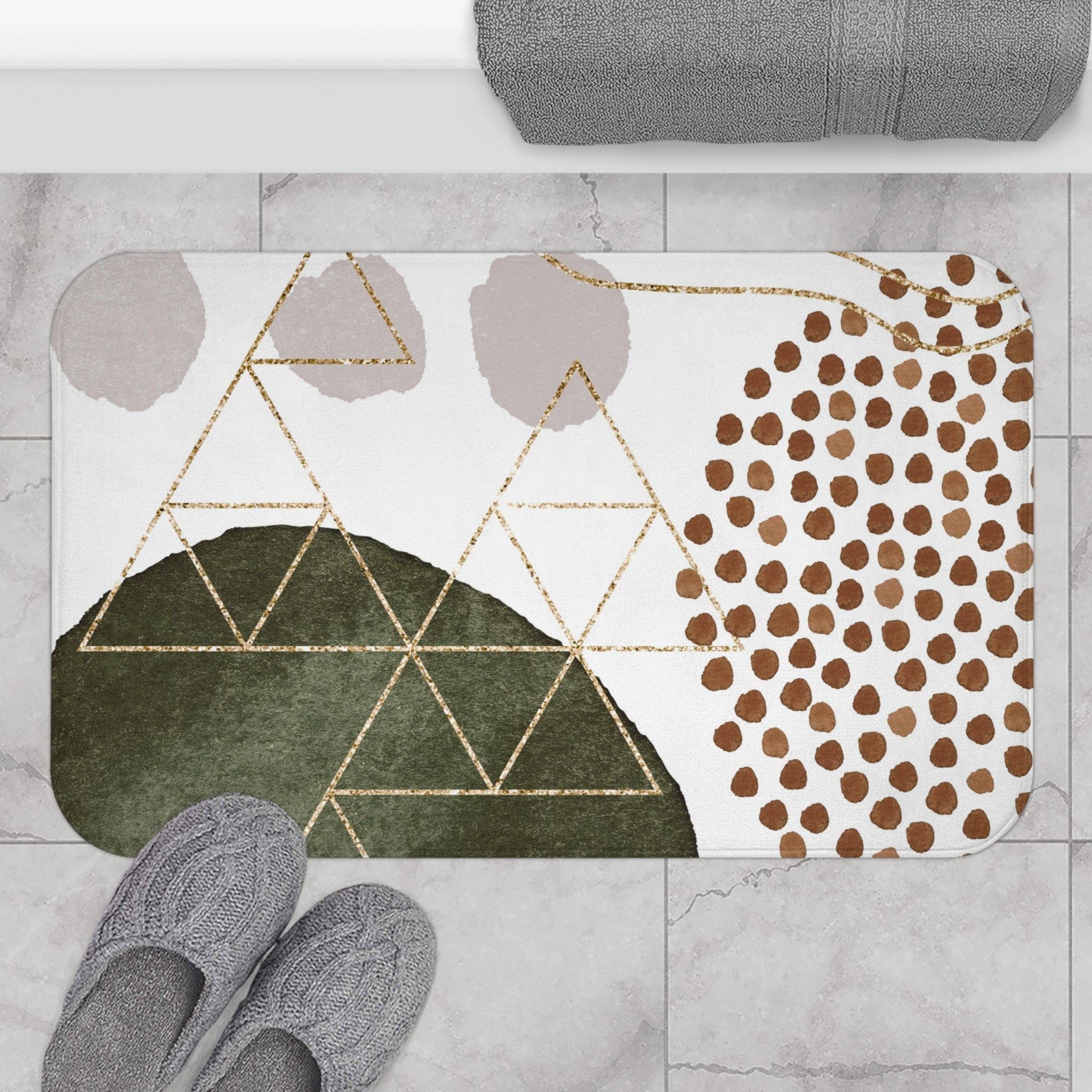 Boho Geometric Bath Mat | Beige Sage Green, White Kitchen Mat