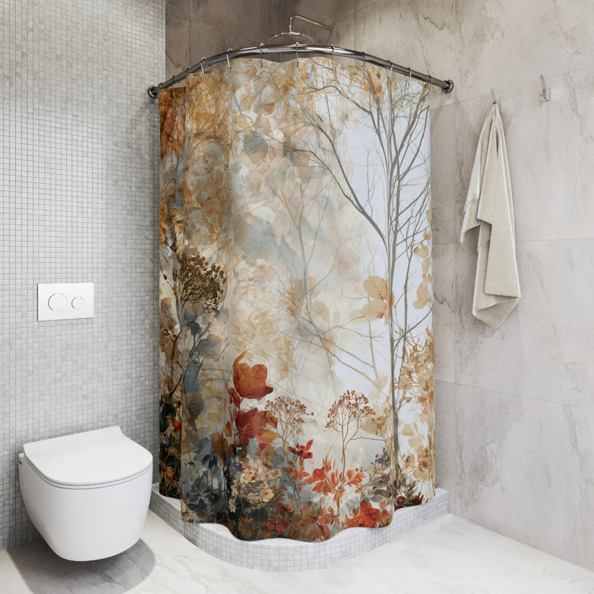 a bathroom with a shower curtain featuring a floral pattern in shades of brown and orange. The shower curtain is hanging on a rod next to a towel. The bathroom also includes a toilet and a tiled wall.