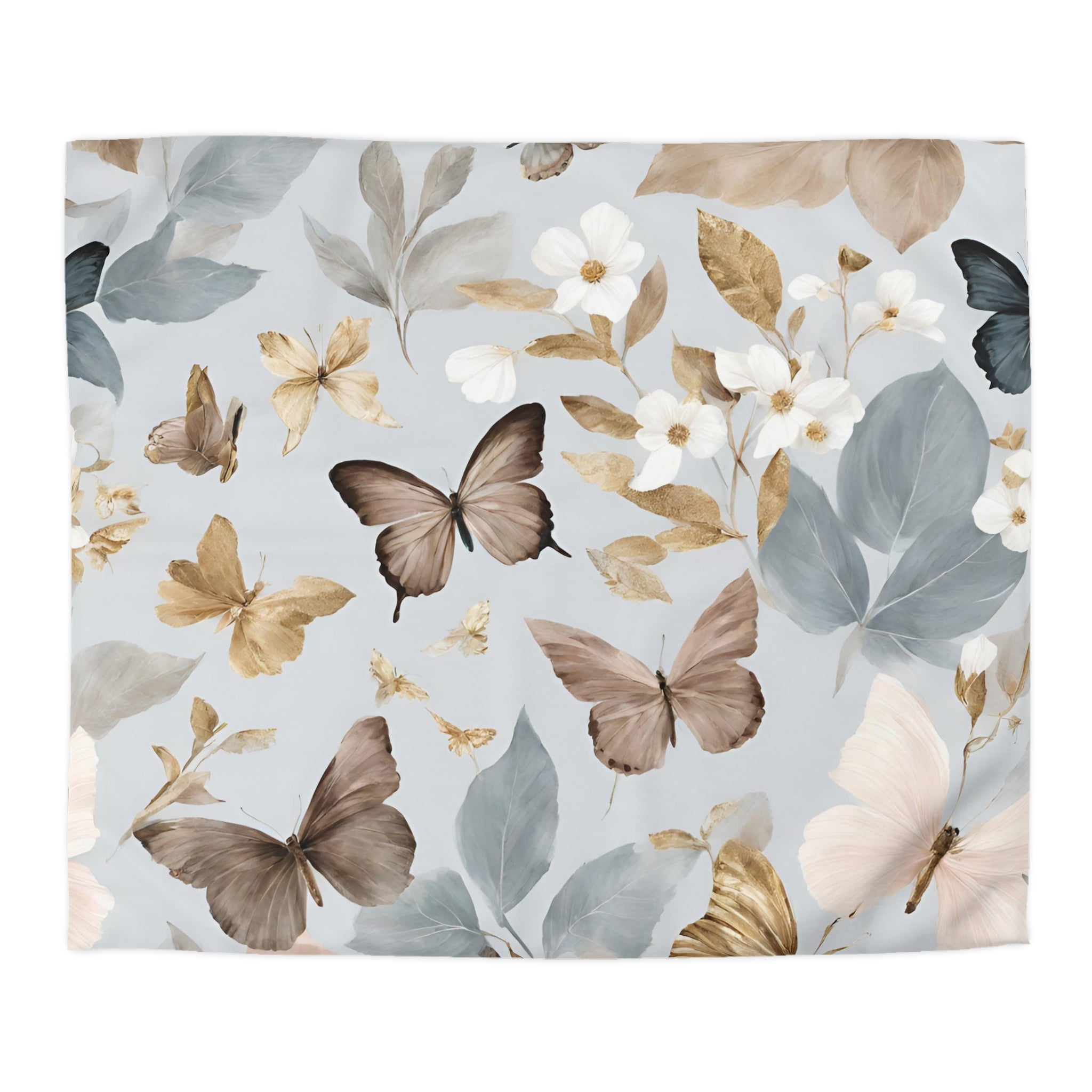 a repeating pattern of butterflies and flowers in various shades of brown, white, and gray against a light blue background.