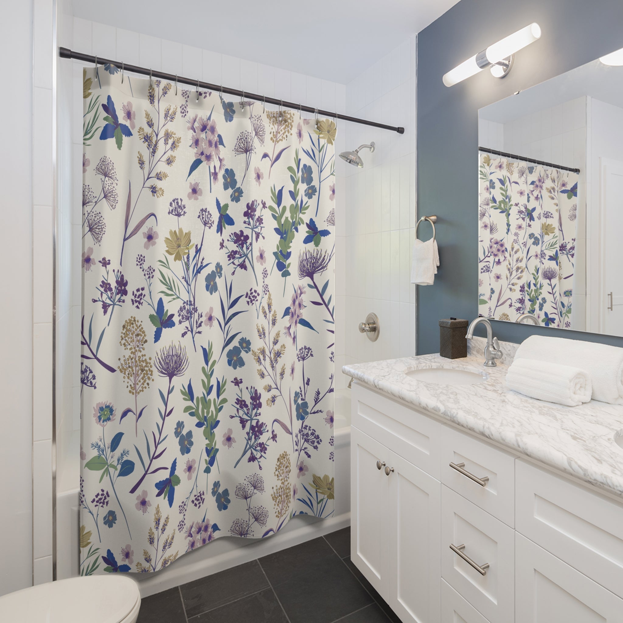 Wildflower Meadow Shower Curtain | Purple and Blue Botanical Bathroom Decor