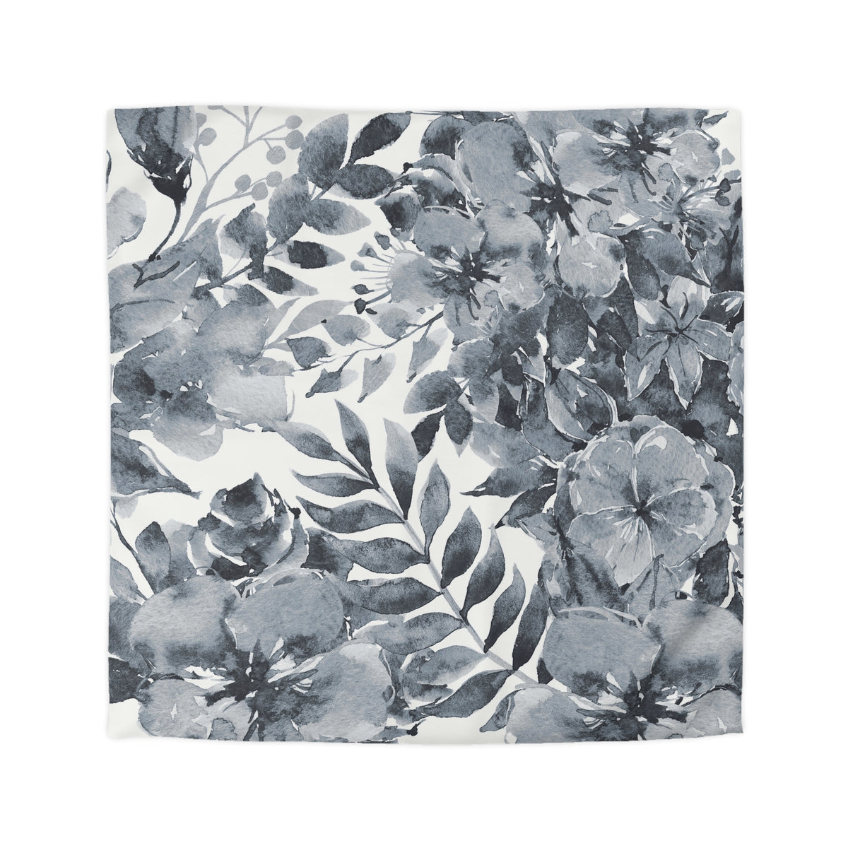 a black and white floral pattern with various flowers and leaves.