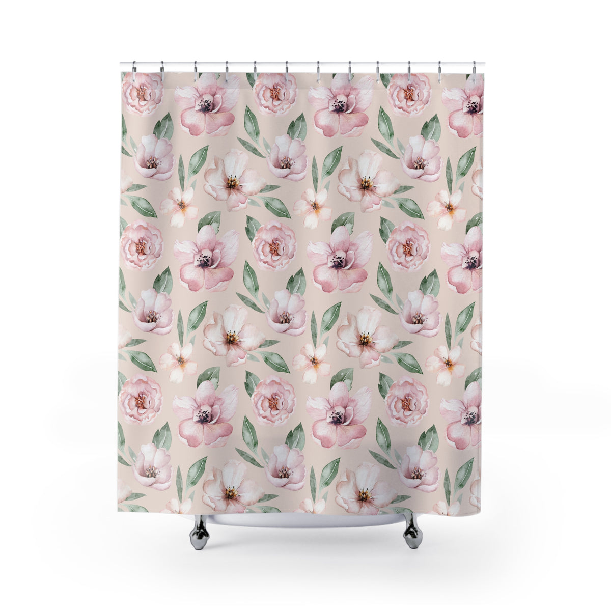 a shower curtain with a repeating floral pattern of pink and white flowers and green leaves.
