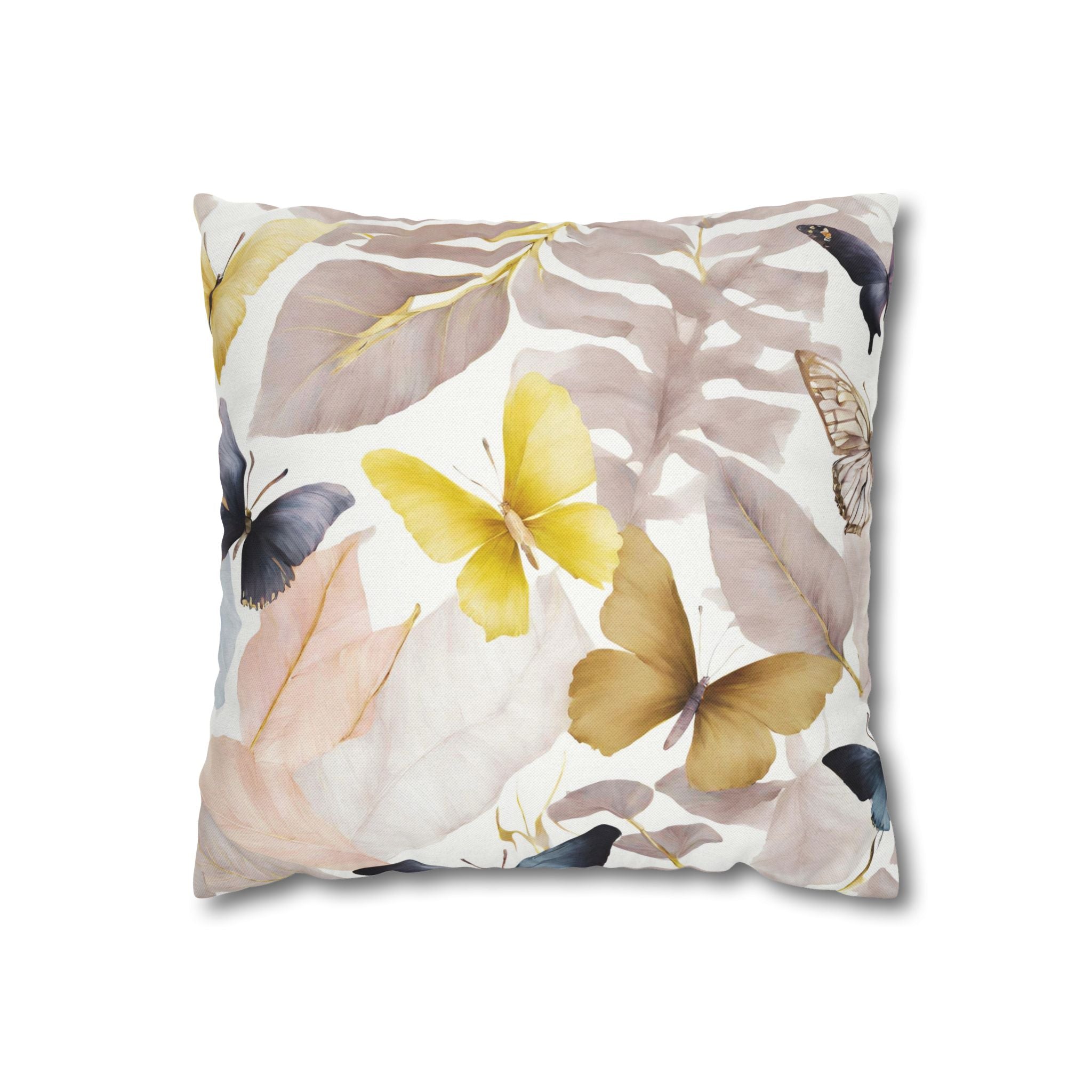 a square pillow with a floral pattern of butterflies and leaves in various colors, including yellow, pink, and blue.