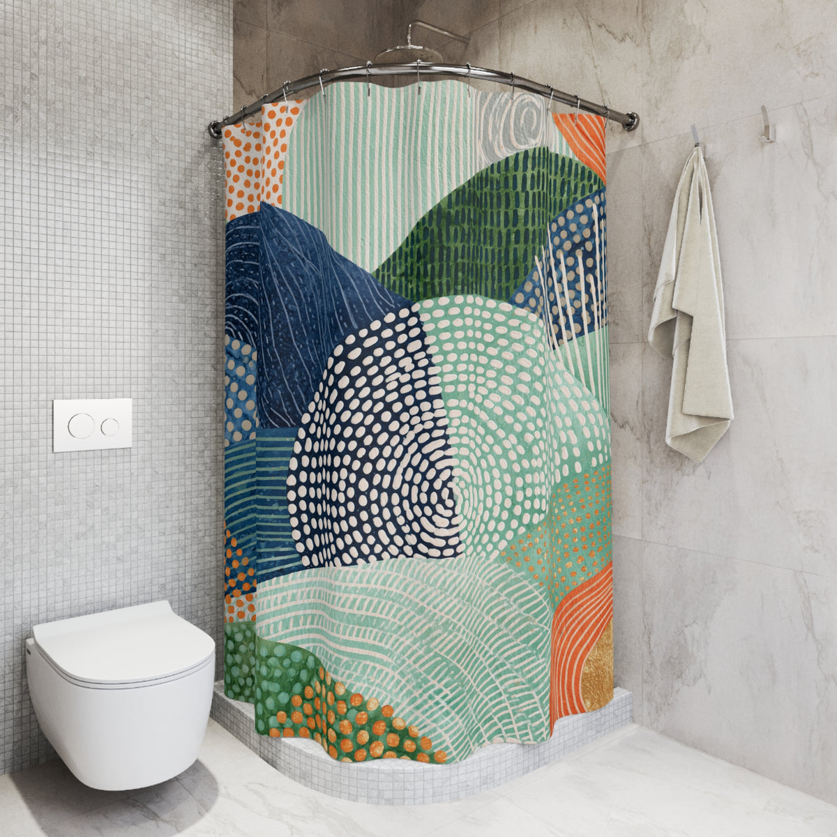 a bathroom with a colorful abstract patterned shower curtain, a white toilet, and a towel rack.