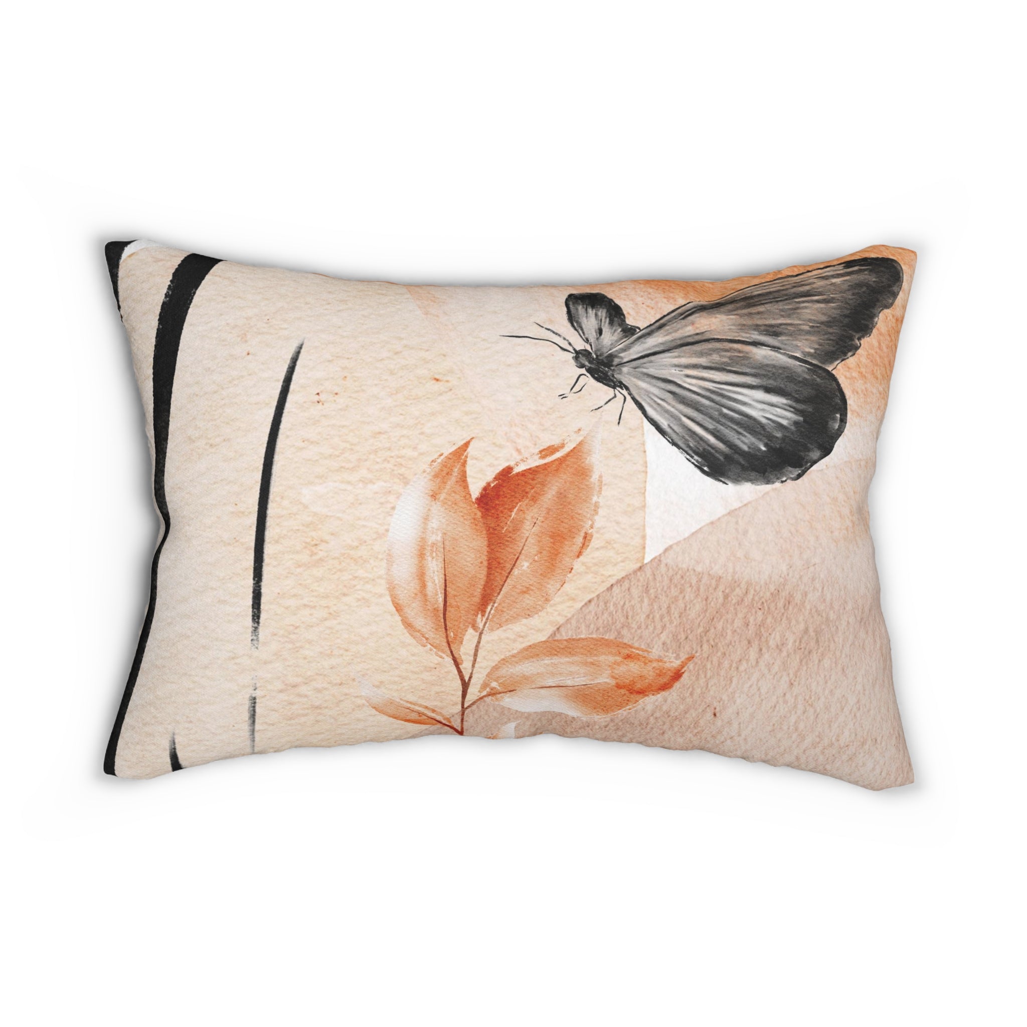 Boho Lumbar Pillow | Abstract Black Butterfly, Beige Orange